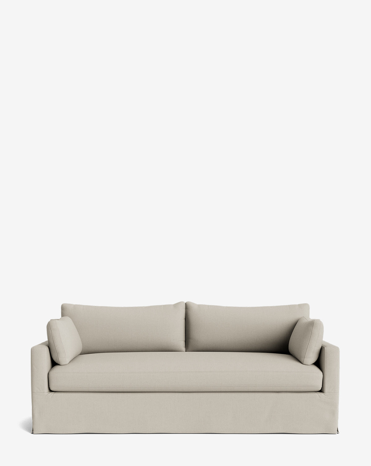 The Peterson Deep Slipcover Sofa (75-100) by Rowe Fine Furniture, Inc. is a modern, light beige sofa with feather blend cushions, two seat and back cushions, and two bolster pillows, displayed against a plain white background. Vendixs