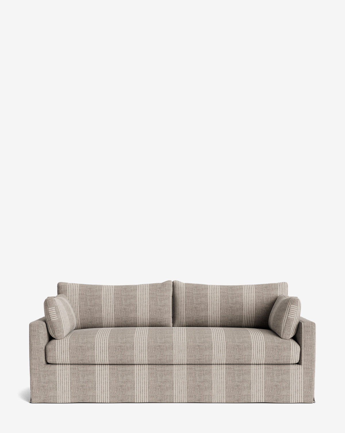 The Peterson Deep Slipcover Sofa (75-100) features a modern handcrafted design with light brown and cream vertical stripes, two back cushions, and two feather blend cylindrical side pillows, shown on a plain white background by Vendixs