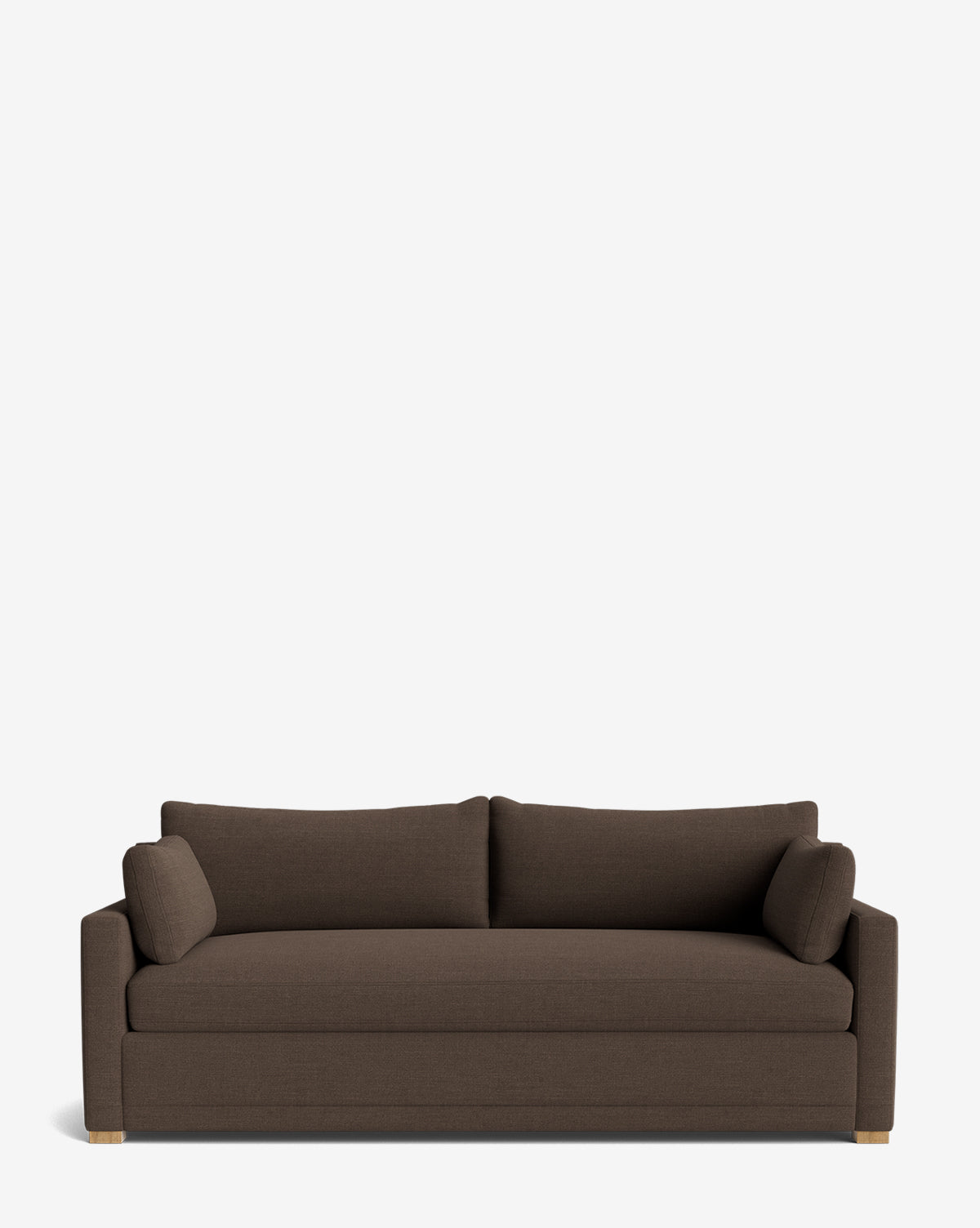 The Peterson Deep Upholstered Sofa (75-100) is a dark brown, modern piece with wooden feet, feather blend cushions, two seat and backrest cushions, and two cylindrical side pillows, shown against a plain white background by Vendixs