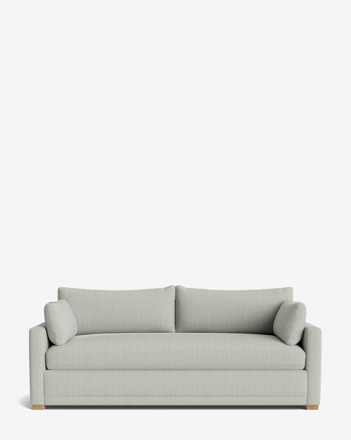 The Peterson Classic Upholstered Sofa (75 - 100) features light gray fabric, plush cushions, two matching bolster pillows, wooden block feet, and straight arms—all set against a plain white background for a clean, modern look by Vendixs