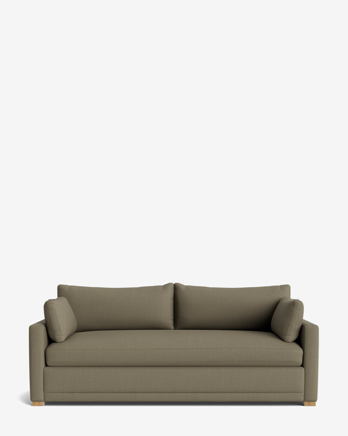 The Peterson Classic Upholstered Sofa (75 - 100) features a modern olive green design with square arms, two plush seat and back cushions, matching bolster pillows, all shown against a plain white background by Vendixs