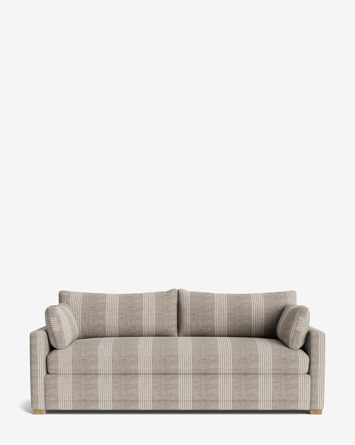 The Peterson Deep Upholstered Sofa (75-100) features beige fabric with wide light and dark vertical stripes, two feather blend seat cushions, two back cushions, and two cylindrical side pillows, shown against a plain white background by Vendixs