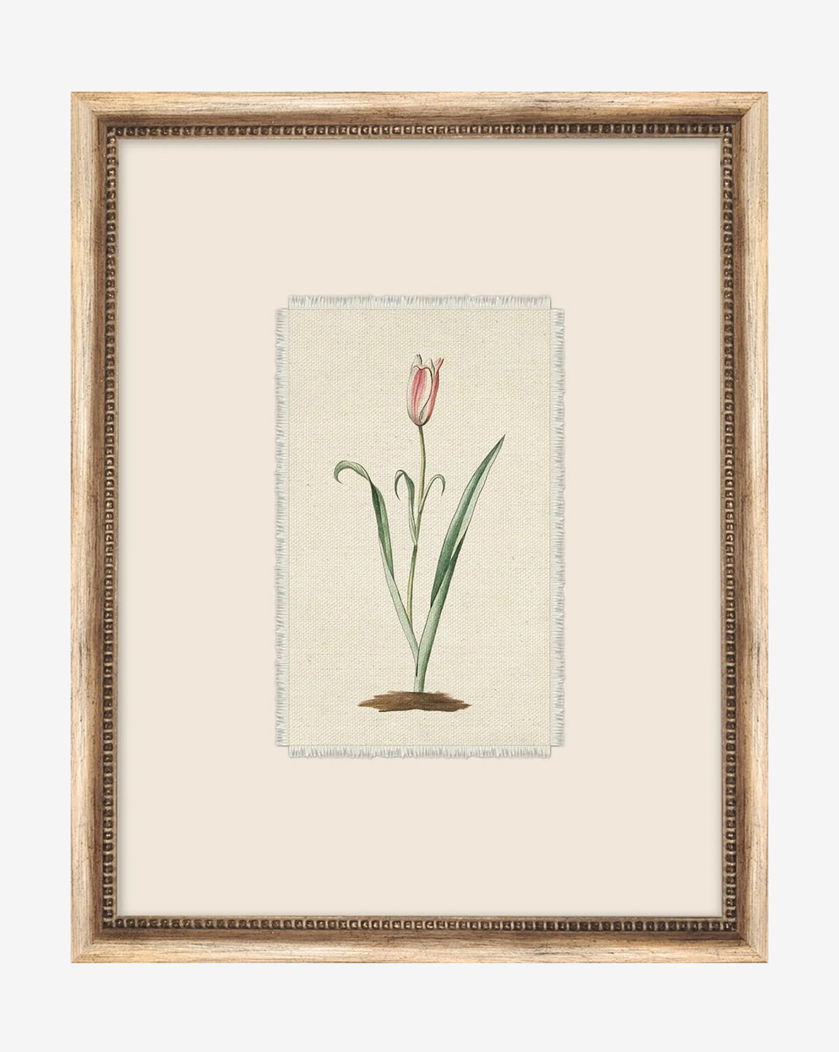 Petite Floral I: A framed botanical print showing a single pink tulip with green leaves on an off-white textured background, set in a vintage-style light brown wood frame with a beaded inner edge, by Vendixs