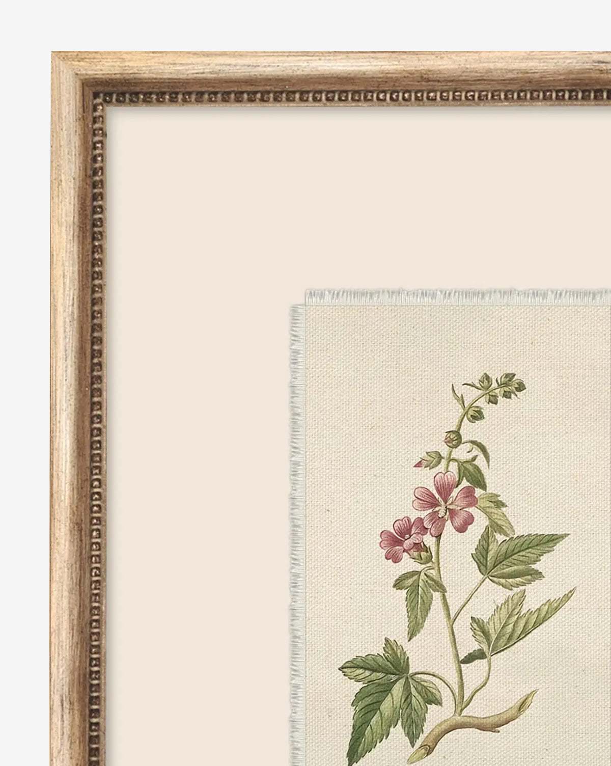 The Petite Floral III is a giclee print featuring a plant stem with green leaves and pink flowers on a beige background, set in a vintage-inspired wood frame with detailed inner edging, by McGee & Co.
