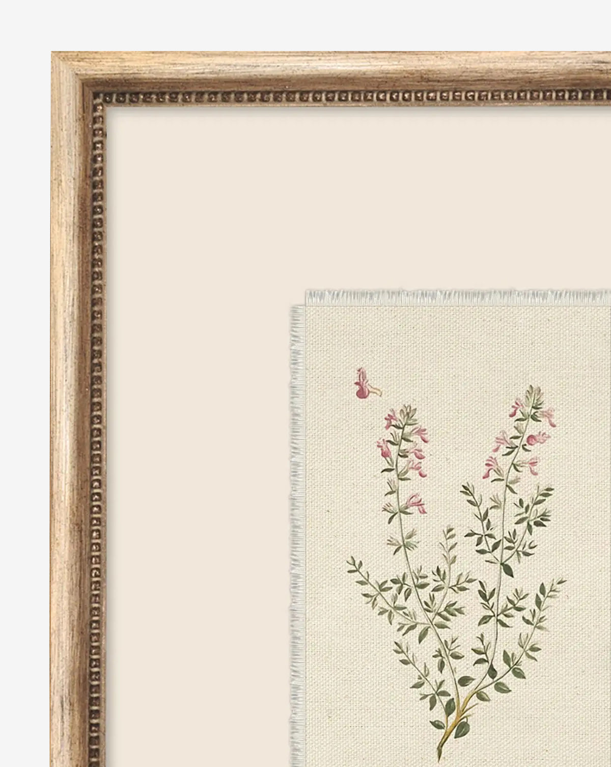 Petite Floral VII is a framed wall art featuring a botanical illustration of green leafy plants, small pink flowers, and a pink butterfly on a light fabric background in a vintage-inspired wood frame, by Vendixs