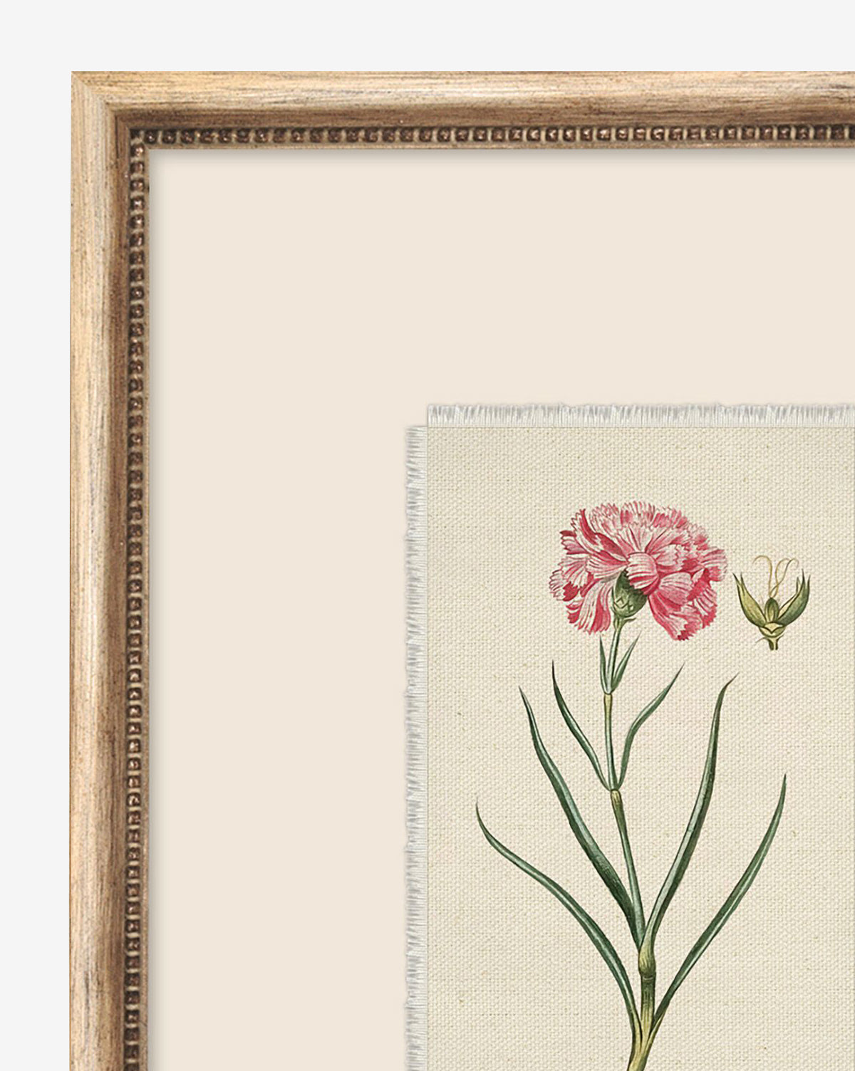 A close-up of Petite Floral VIII, a giclée print showing a pink flower with green leaves and a bud on a beige background, set in a vintage-inspired wood frame with an elegant beaded inner edge, by Vendixs