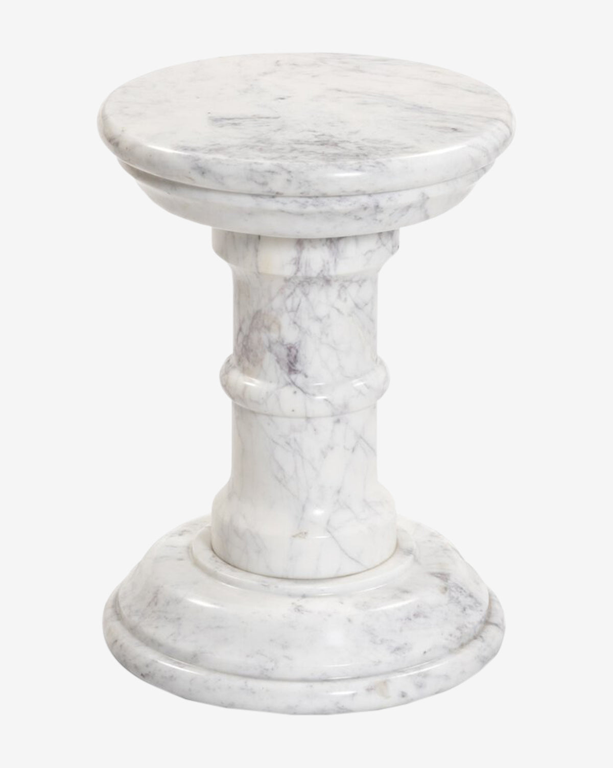 The Phaedra End Table is a round, architecturally-inspired piece made from white marble with subtle gray veins, featuring a thick column and circular base—ideal for adding sophistication to your living room, by Vendixs