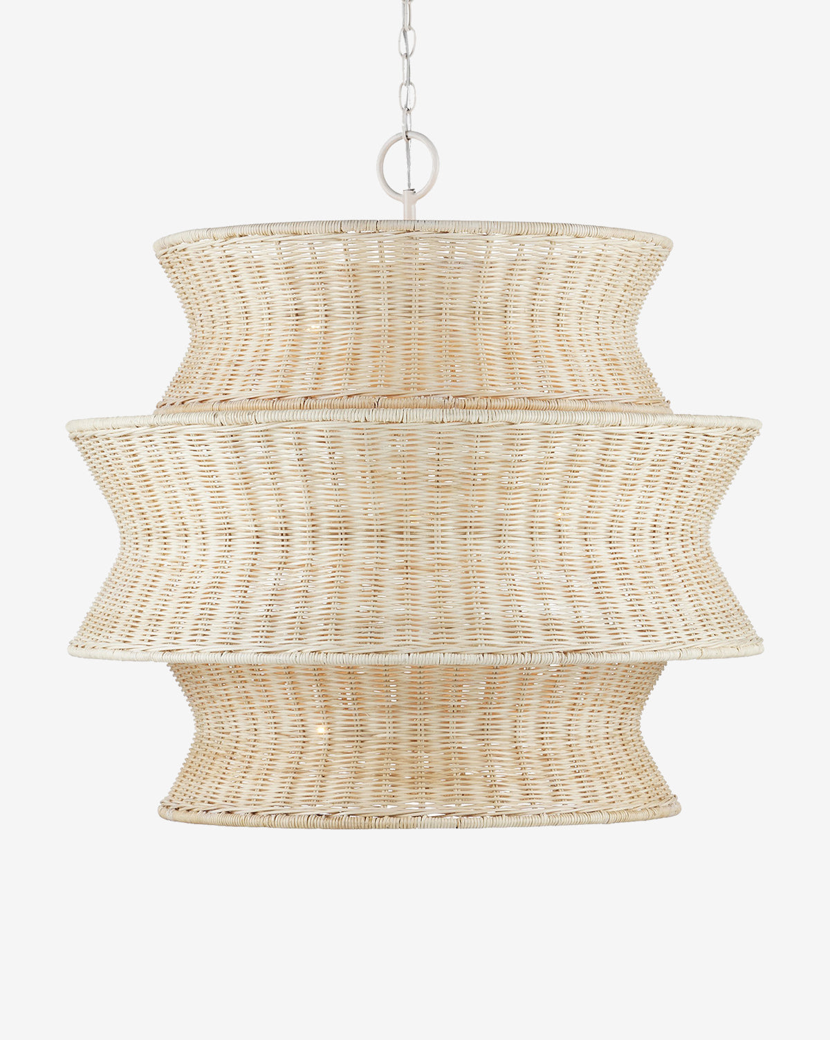 The Phebe Rattan Chandelier by Currey & Co. features three woven tiers in an hourglass silhouette, blending modern organic design and hanging by a chain against a white backdrop. Vendixs