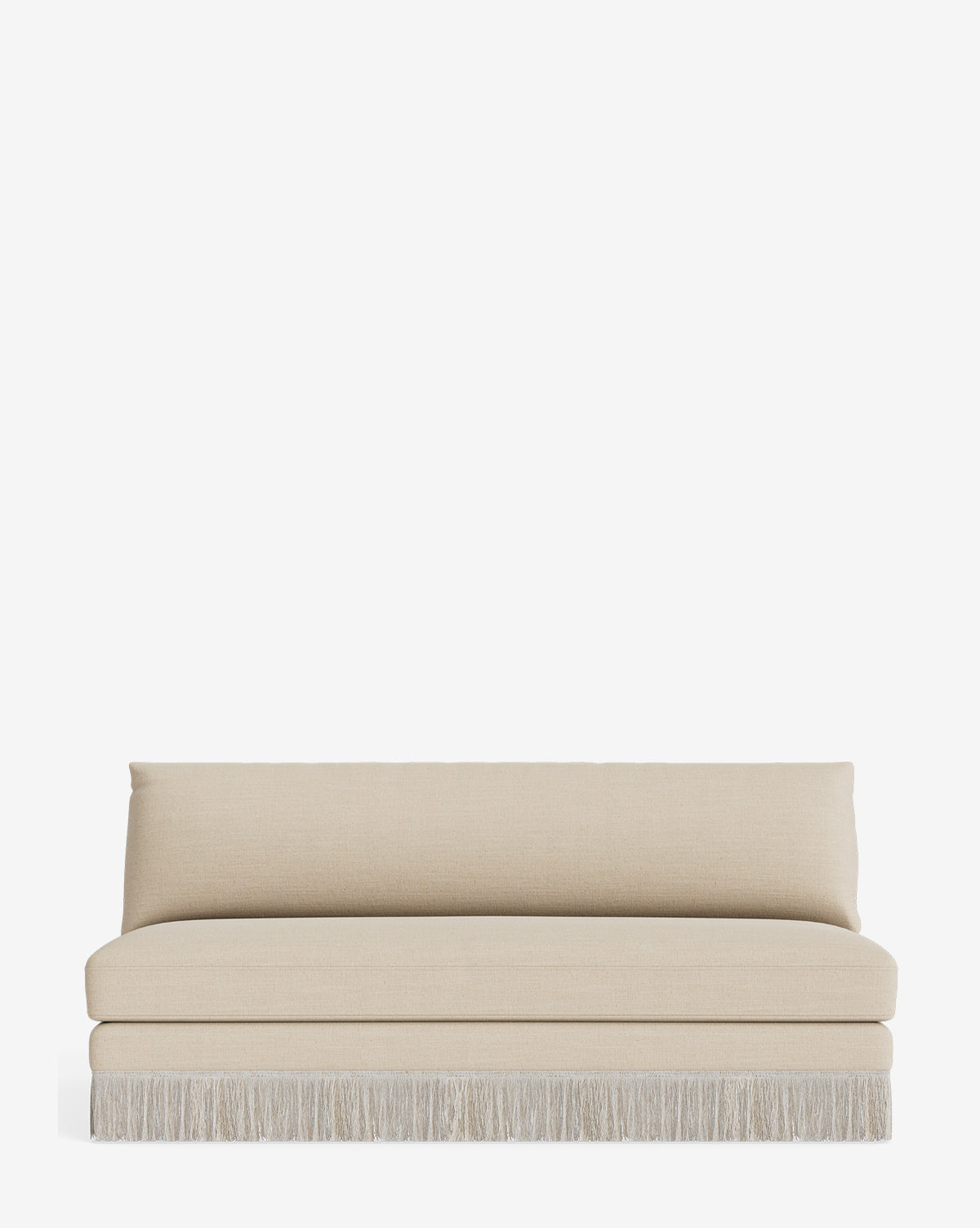 The Makerspalm Philippa Settee 68 is a modern, armless beige sofa with a straight backrest, plush seat cushion, and fringe trim along the bottom, shown against a plain white background. Vendixs