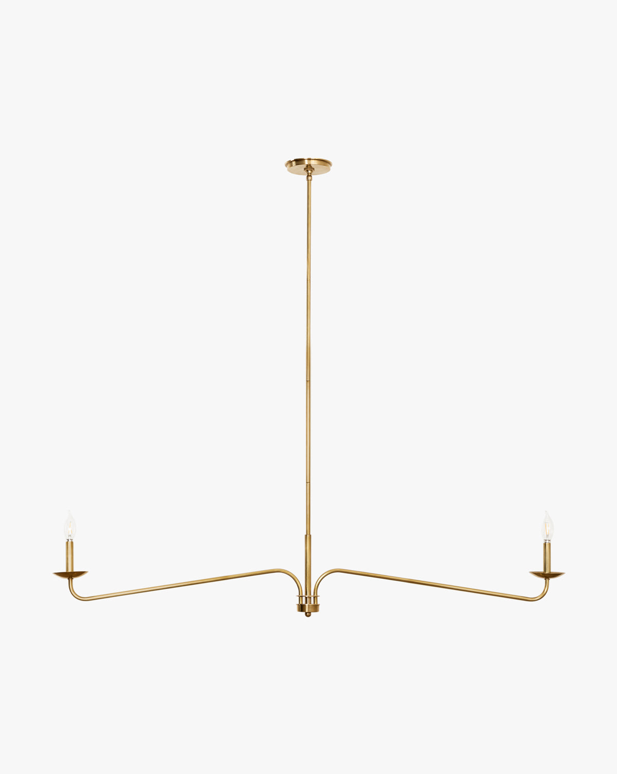 The Makerspalm Philomena Linear Chandelier features a minimalist brass design with a central rod and two horizontal arms, each ending in an exposed candle-style bulb for an elegant, modern accent. Vendixs