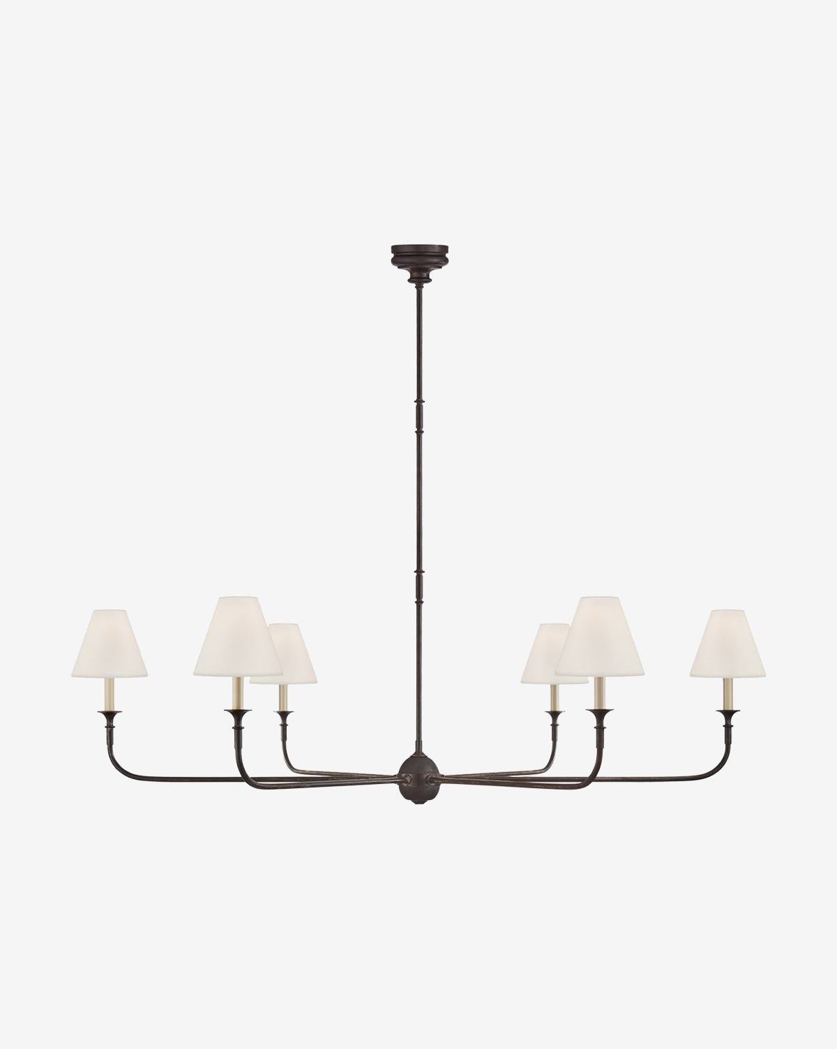 The Piaf Grande Chandelier by Visual Comfort & Co. Signature features a minimal design with six arms, each topped with a white lampshade, suspended from a long rod—ideal as modern pendant lighting. Vendixs