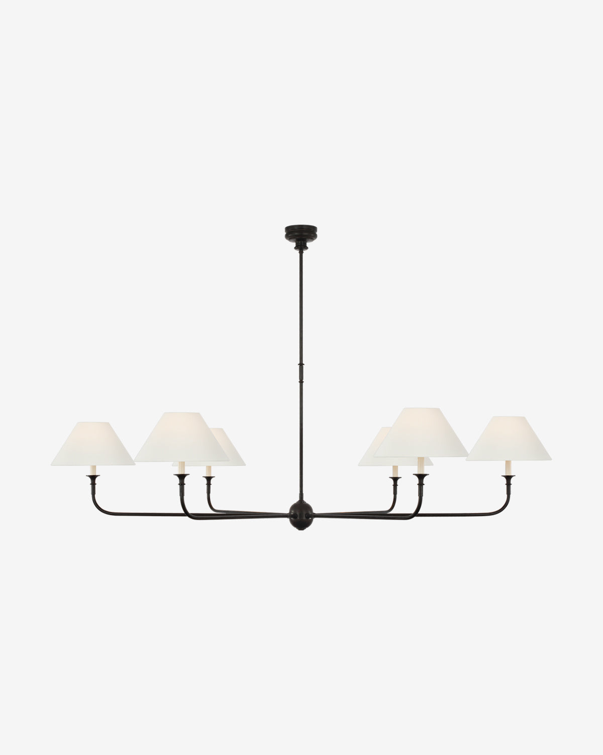 The Piaf Oversized Chandelier by Visual Comfort & Co. Signature features a black metal frame with six arms and white conical shades, showcasing a modern, minimal design suspended elegantly from a central rod. Vendixs