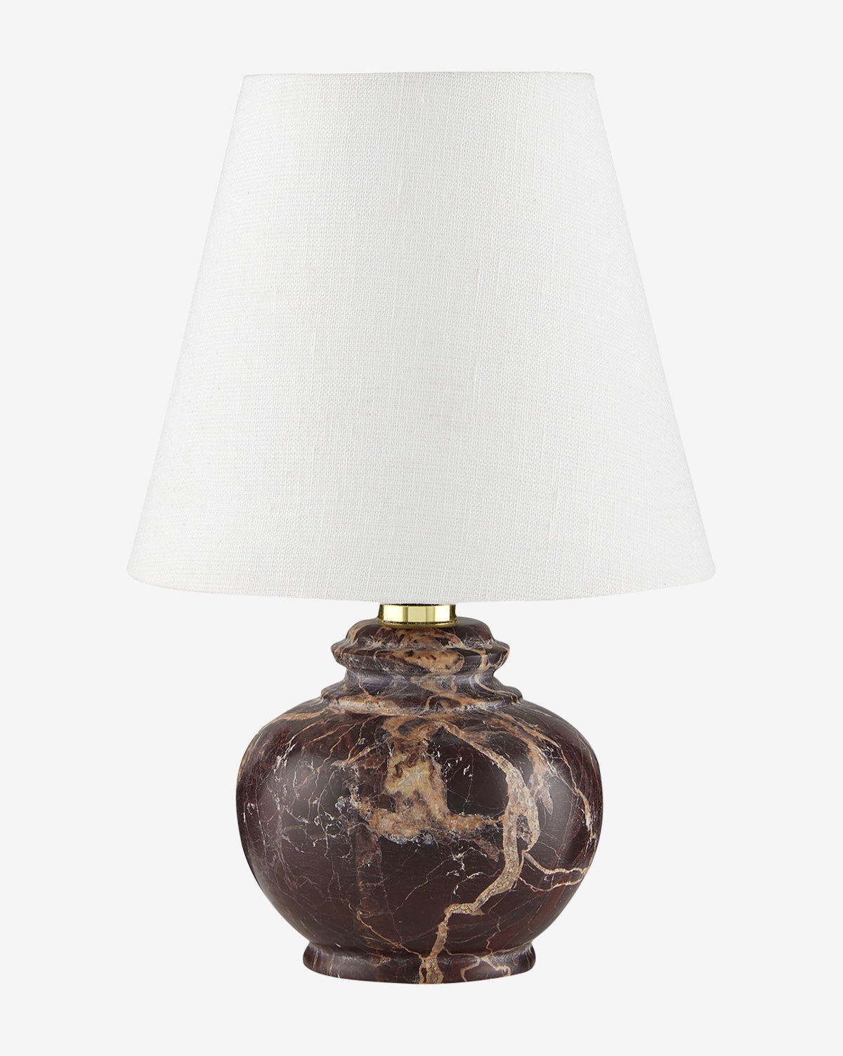 The Piccolo Table Lamp has a round brown marble base with light tan veining, a wide white fabric shade, and a gold accent atop the base for an elegant touch, by Vendixs