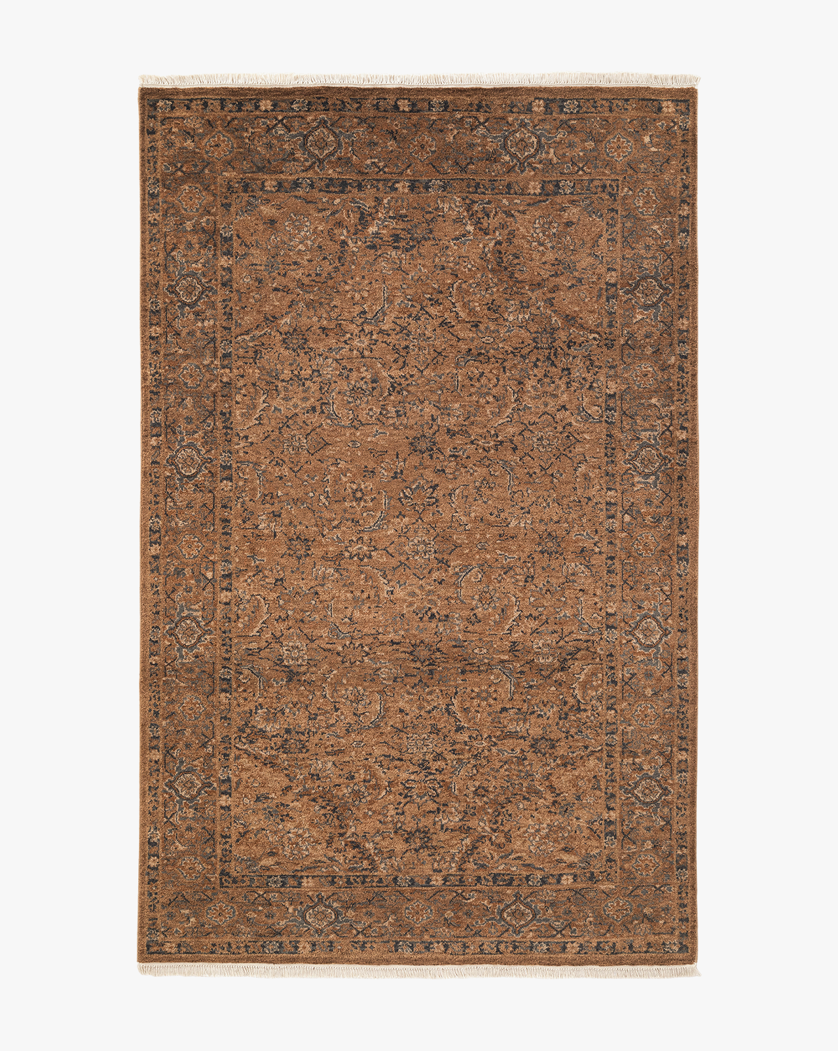 The Piedmont Hand-Knotted Wool Rug features intricate floral and geometric patterns in brown and dark blue, with a decorative border and fringed edges for antique-inspired, vintage charm, by Vendixs