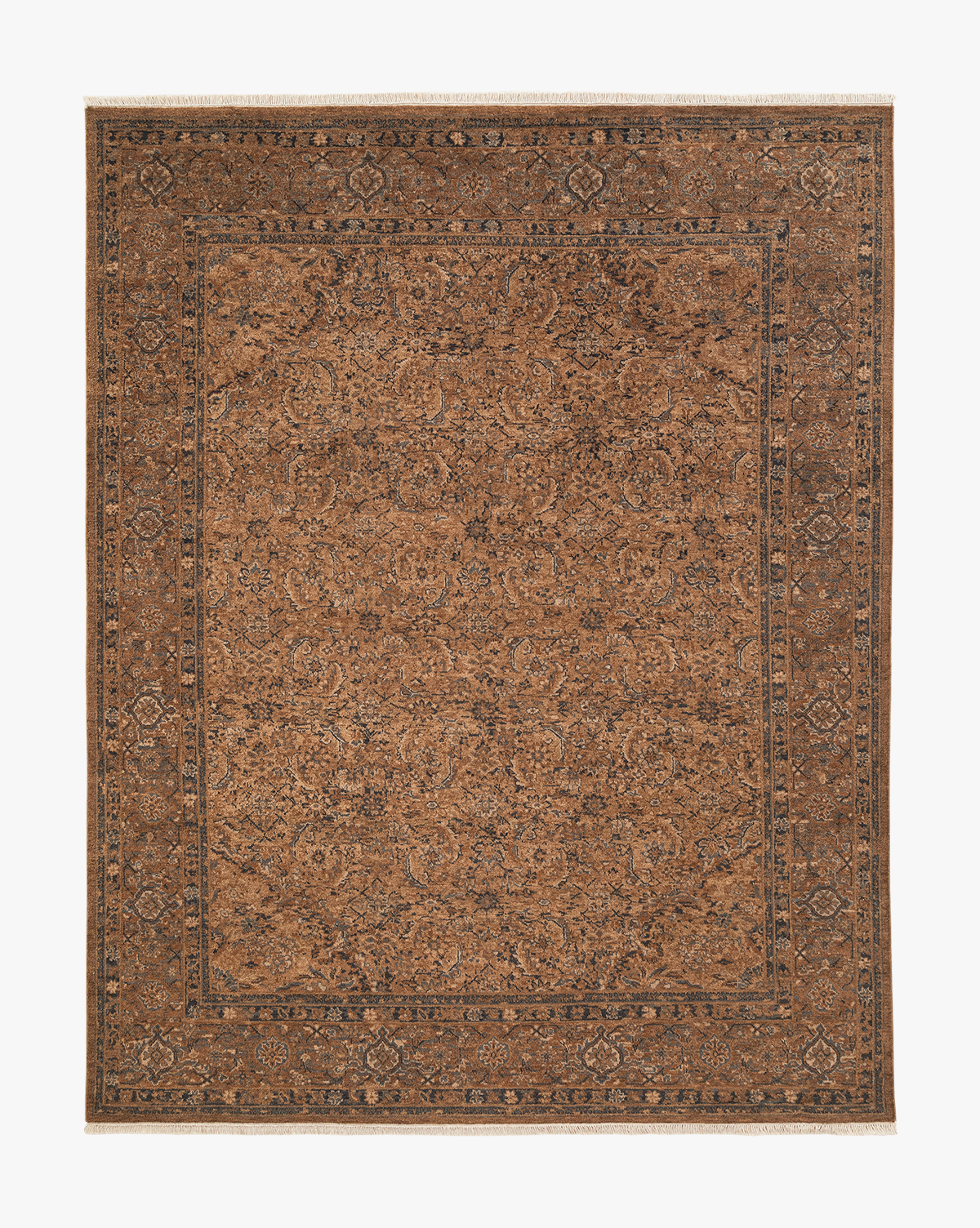 The Piedmont Hand-Knotted Wool Rug features a rectangular shape with an intricate floral and vine pattern, detailed border, and rich brown tones, bringing antique-inspired charm to any space, by Vendixs