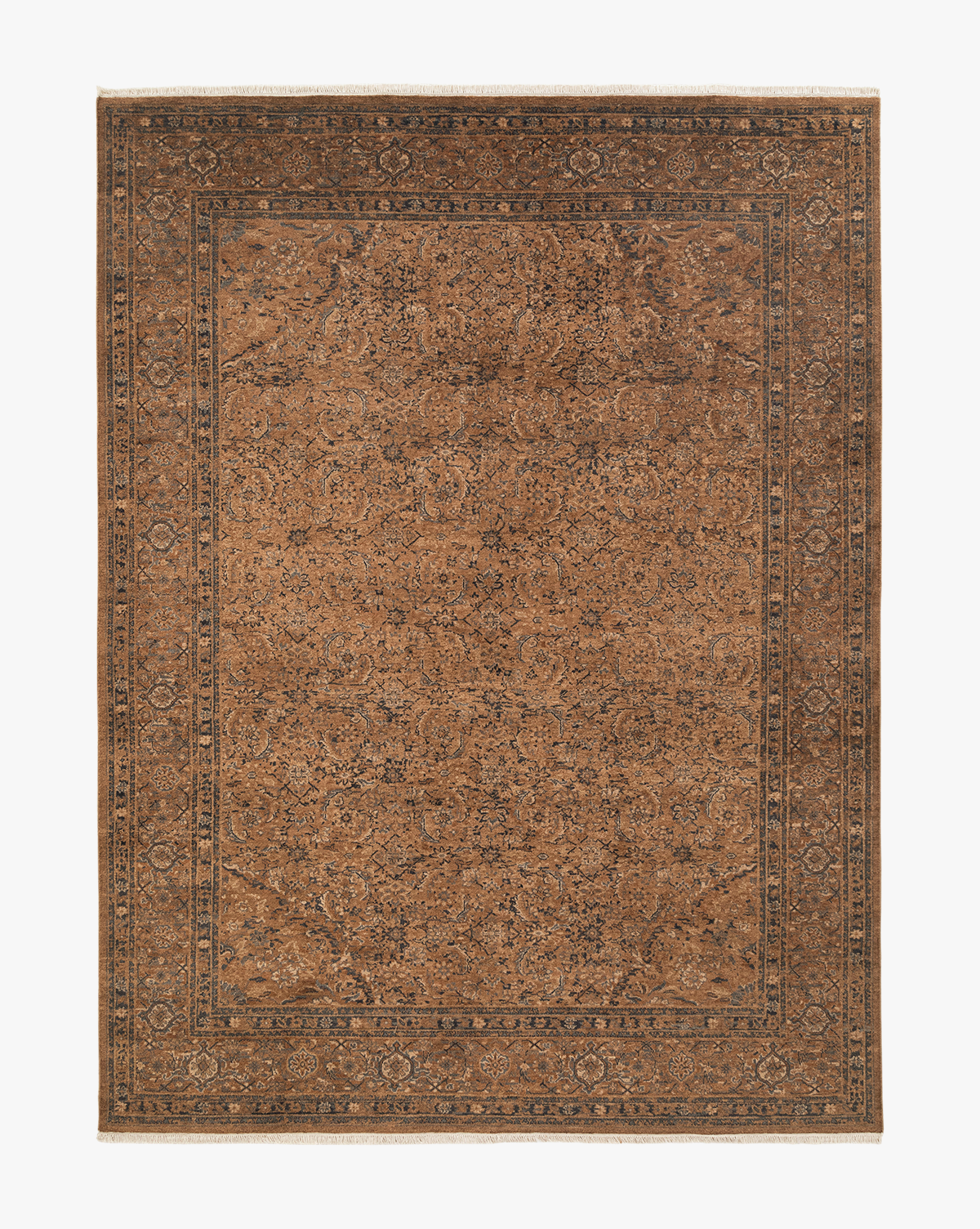 The Piedmont Hand-Knotted Wool Rug is a rectangular brown artisanal wool rug featuring intricate floral and vine motifs, a detailed dark brown border, and an ornate, symmetrical center design, by Vendixs