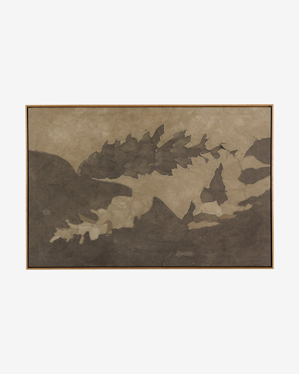 Pinecorn III by Kimmy Quillin features abstract, jagged forms in muted brown and beige earth tones, reminiscent of shadowy leaves, set on a textured background and framed with a slim dark border, by Vendixs