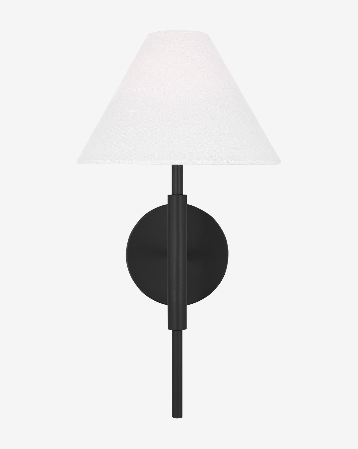 The Porteau Medium Sconce by Visual Comfort Studio - Generation Lighting features a black cylindrical base and stem with a white linen cone shade, displayed against a plain white background. Vendixs