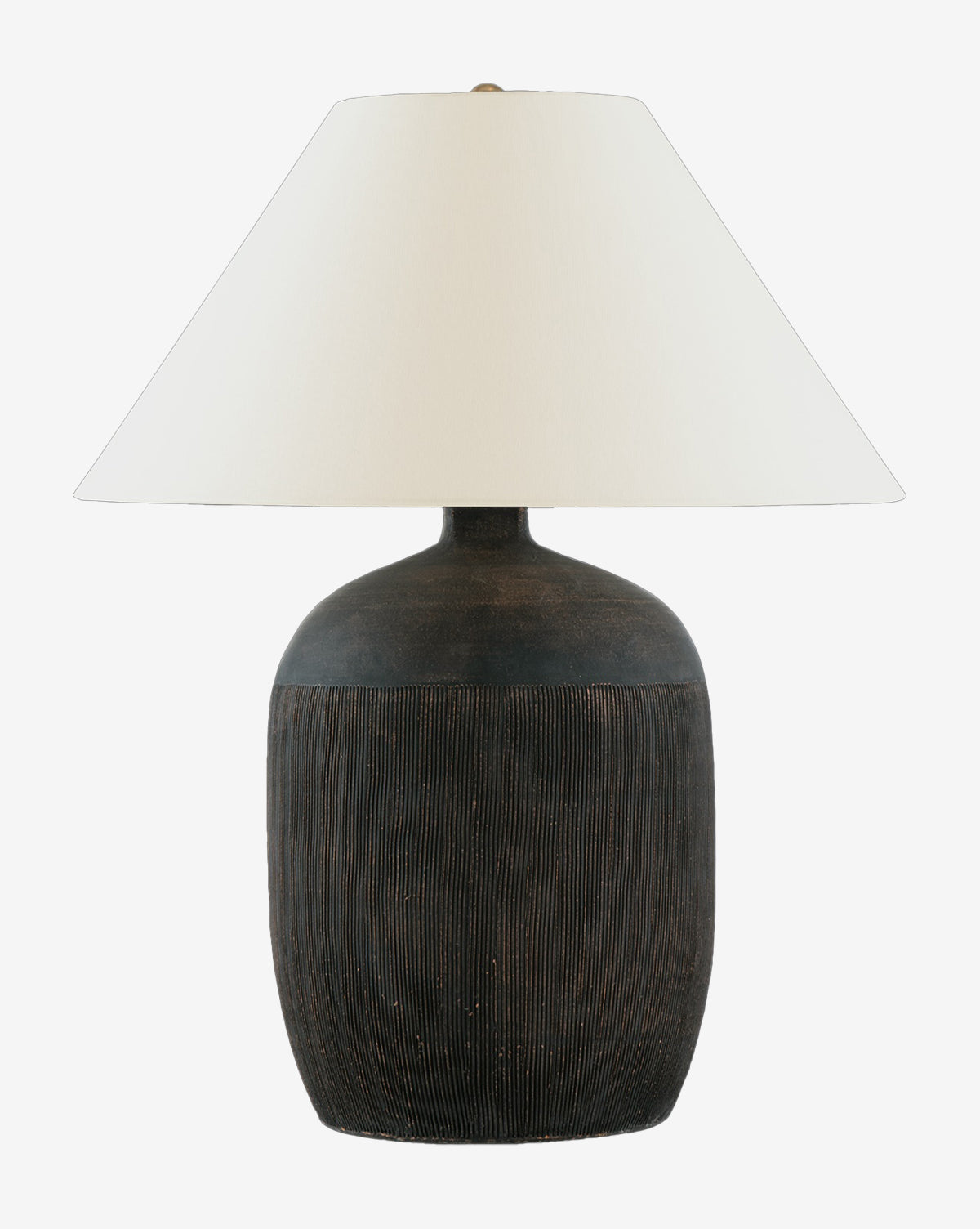 The Portis Combed Round Table Lamp by Visual Comfort & Co. Signature features a textured dark brown terracotta base and a wide white linen cone shade, displayed against a plain white background. Vendixs