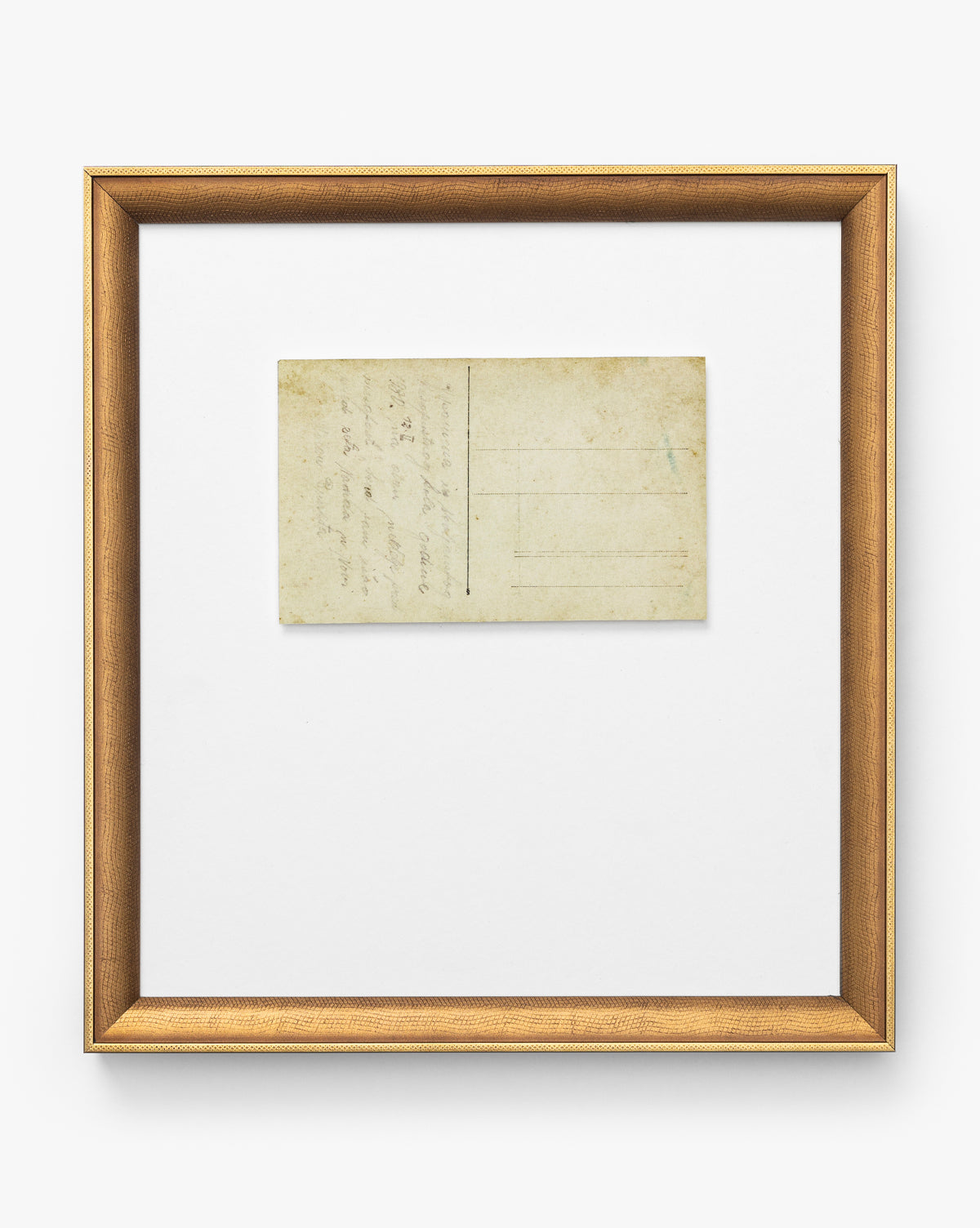 The Post Card Address features a vintage postcard with handwritten text, centered in a gold-finished wood frame that brings classic charm to its nostalgic display against a white background, by Vendixs