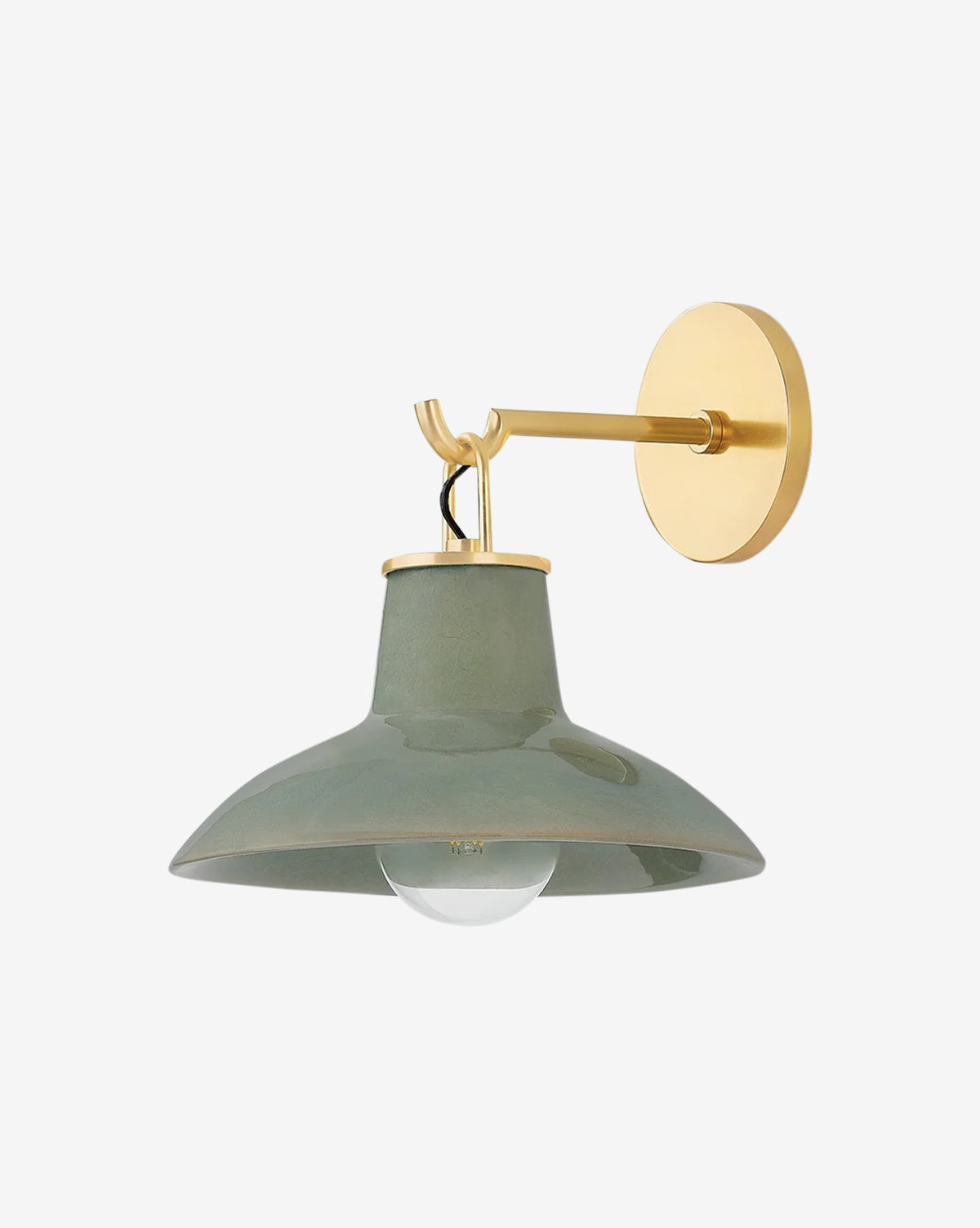 The Pottersville Sconce by Hudson Valley Lighting features a brass fixture and wide, glossy green ceramic shade on a round gold backplate—an elegant, mid-century inspired accent. Vendixs