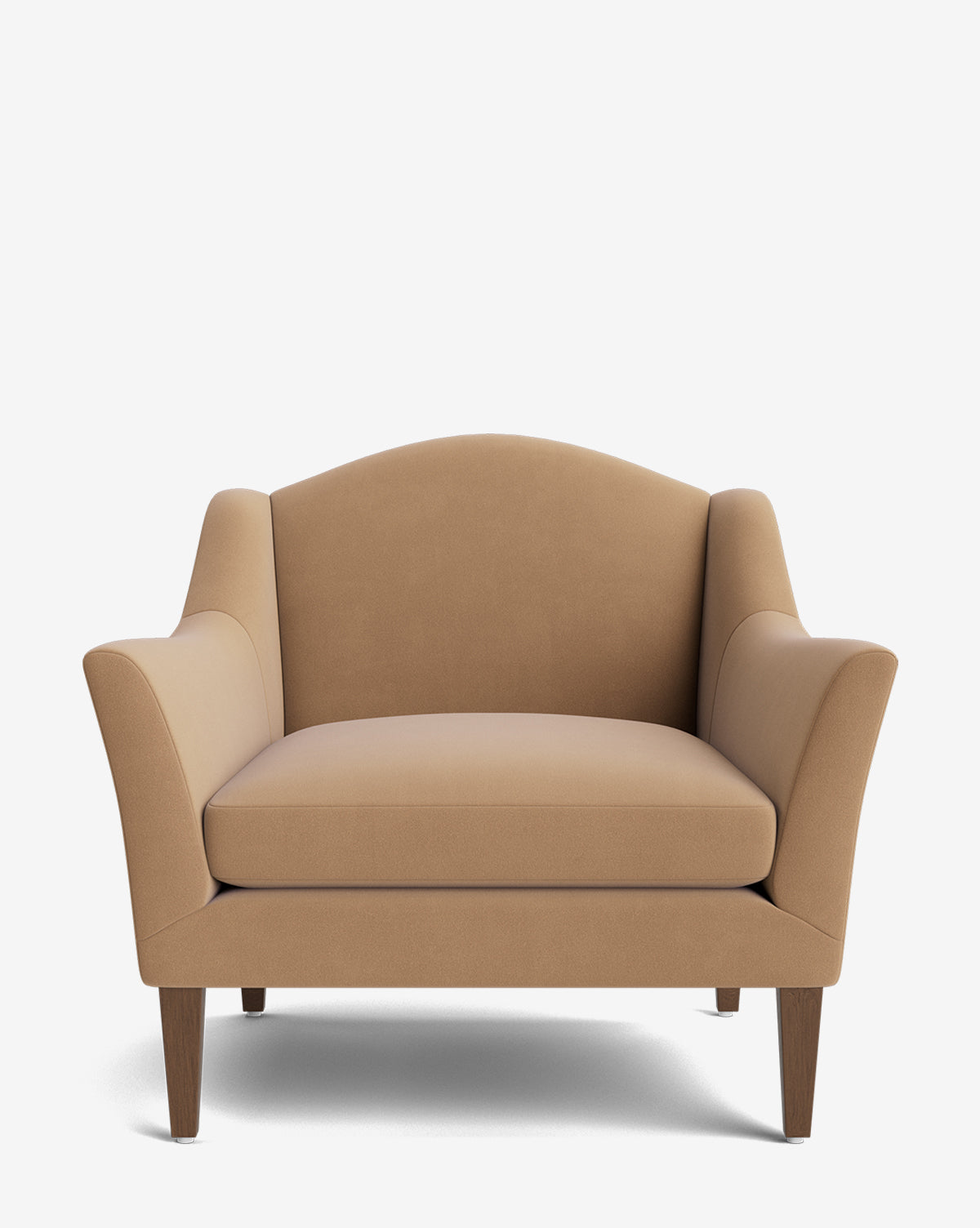The Prudence Lounge Chair boasts a classic silhouette with a wide, tan upholstered seat of premium fabric, a curved backrest, angled armrests, and dark wooden legs set against a plain white background by McGee & Co.