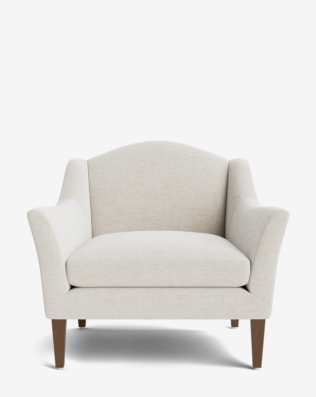 The Prudence Lounge Chair boasts a classic silhouette with wide, flared arms and a curved backrest. Upholstered in premium fabric with a light beige finish and wooden legs, it stands out stylishly against any plain white background, by McGee & Co.