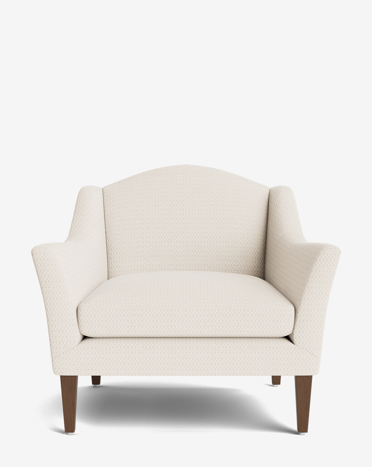 The Prudence Lounge Chair features a classic silhouette with premium cream fabric, a wide seat, flared arms, curved backrest, and wooden legs—elegantly set against a plain white background by McGee & Co.