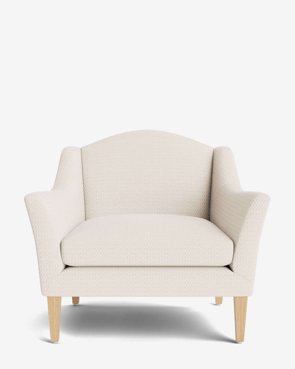 The Prudence Lounge Chair showcases a cream upholstered seat, slightly flared armrests, a classic silhouette, and four light wooden legs, all presented against a plain white background by McGee & Co.