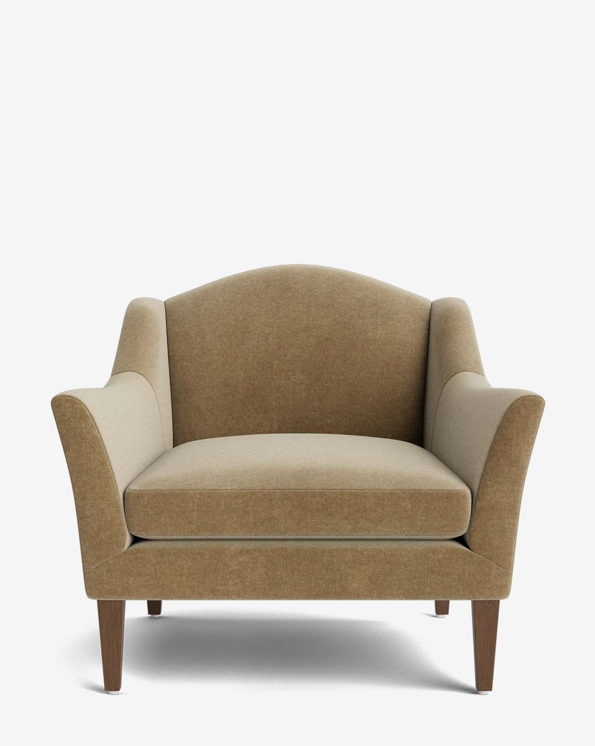 The Prudence Lounge Chair showcases a classic design with flared arms, wooden legs, and high-quality brown upholstery. It features a wide cushioned seat and a gently curved backrest, displayed against a plain white background by McGee & Co.