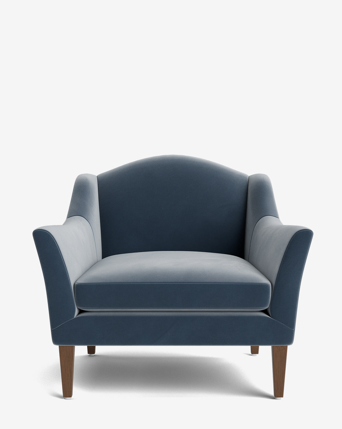 The Prudence Lounge Chair showcases a modern blue upholstered design with wooden legs, a wide cushioned seat, and gently flared arms, all set against a plain white background for a timeless look, by McGee & Co.
