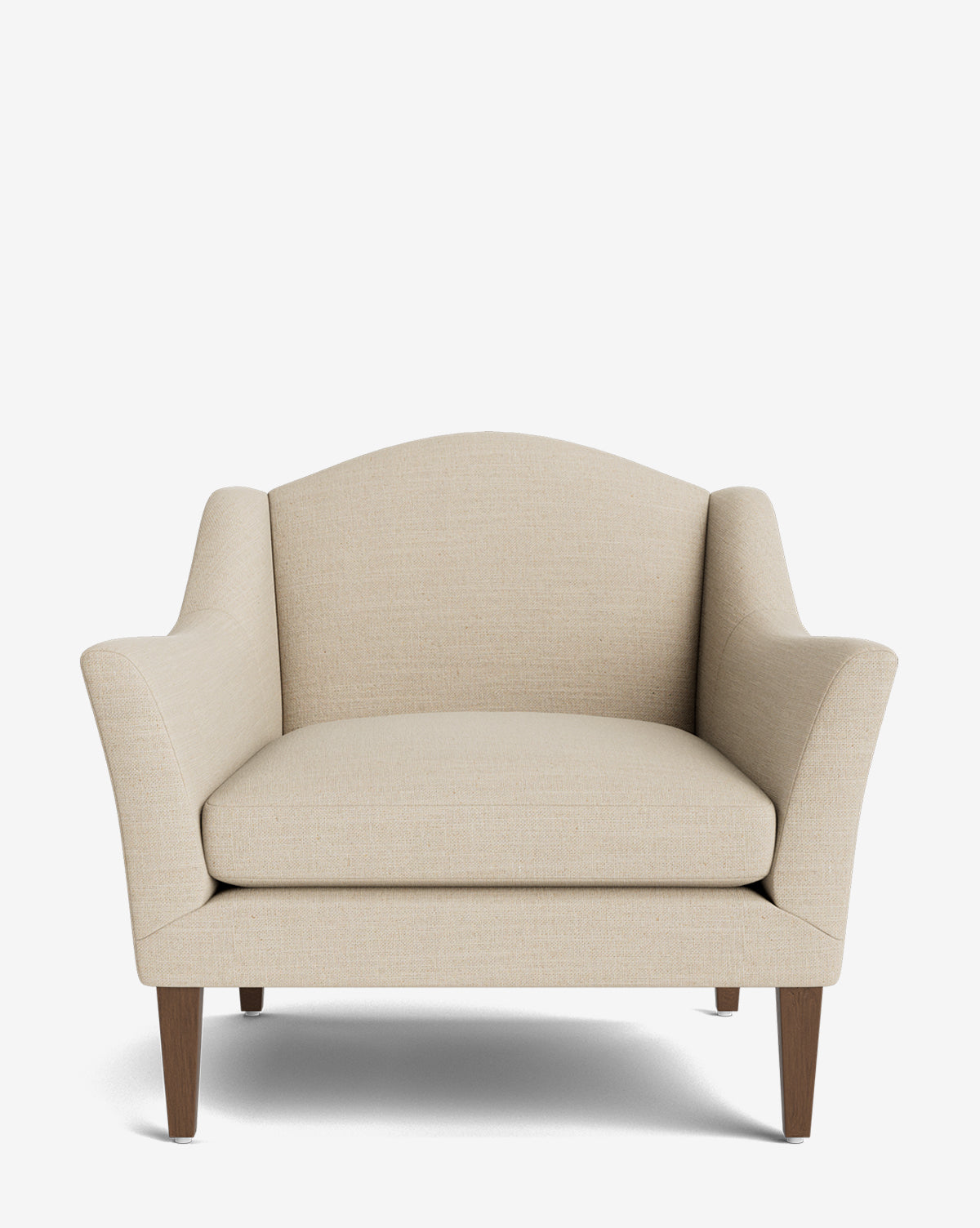 The Prudence Lounge Chair showcases a classic silhouette with cream upholstery, flared arms, a curved backrest, and wooden legs crafted from premium fabrics, presented against a plain white background by Vendixs