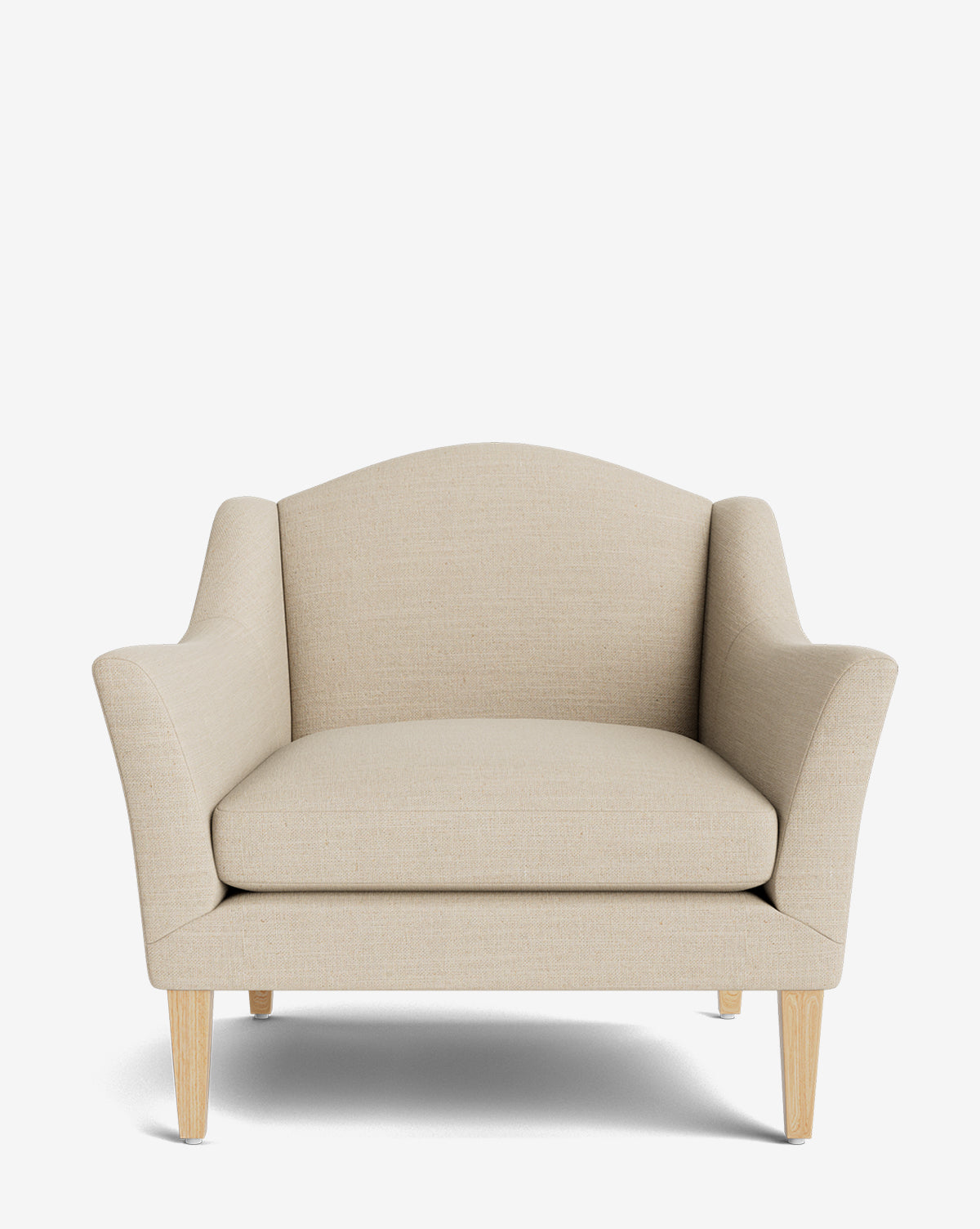 The Prudence Lounge Chair, shown against a plain white background, features a classic silhouette with beige upholstery, high-quality fabric, gently flared arms, a wide cushioned seat, and light wooden legs by McGee & Co.