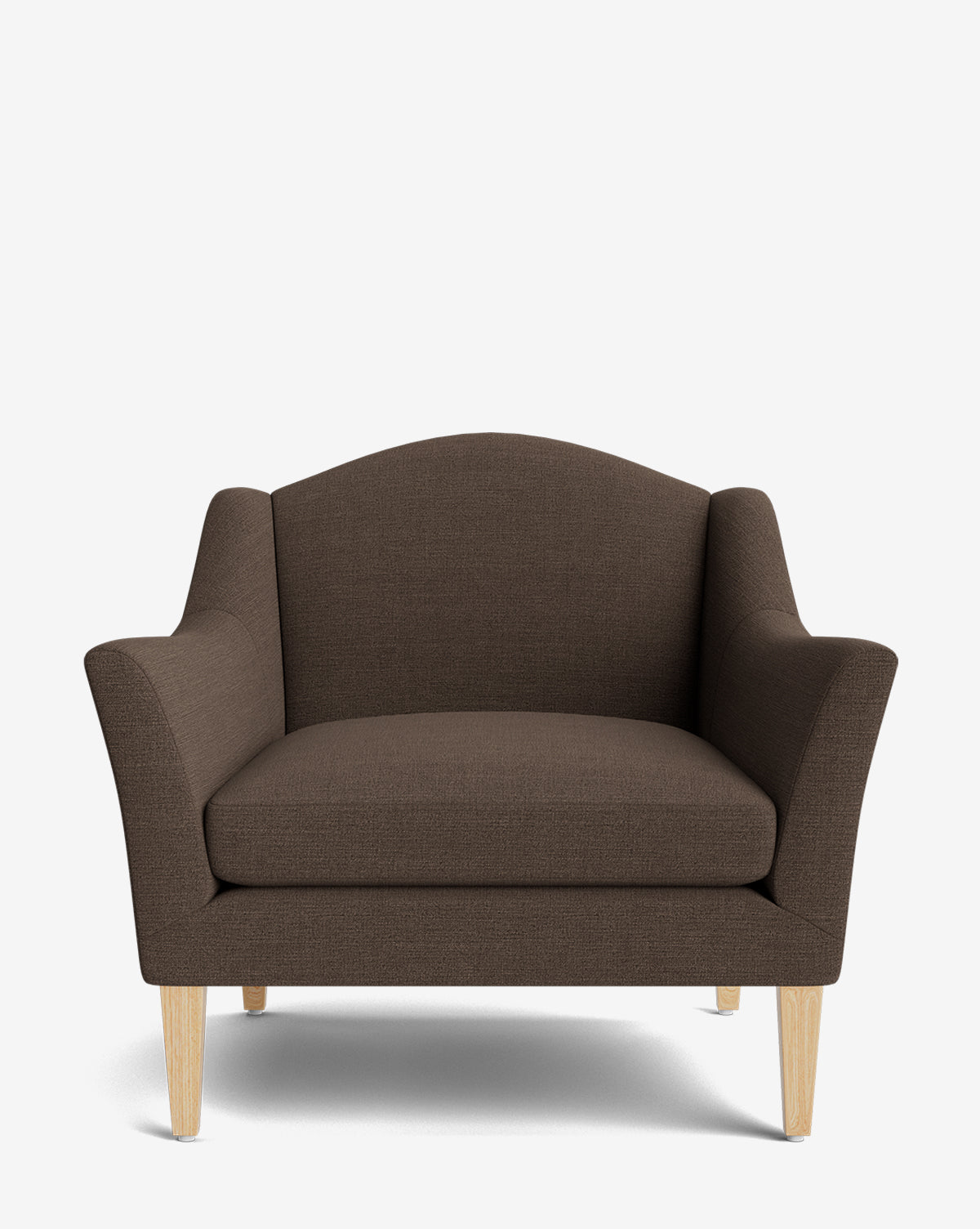 The Prudence Lounge Chair features a classic silhouette with brown upholstery, curved armrests, and light wooden legs, crafted from high-quality fabrics and displayed against a plain white background by McGee & Co.