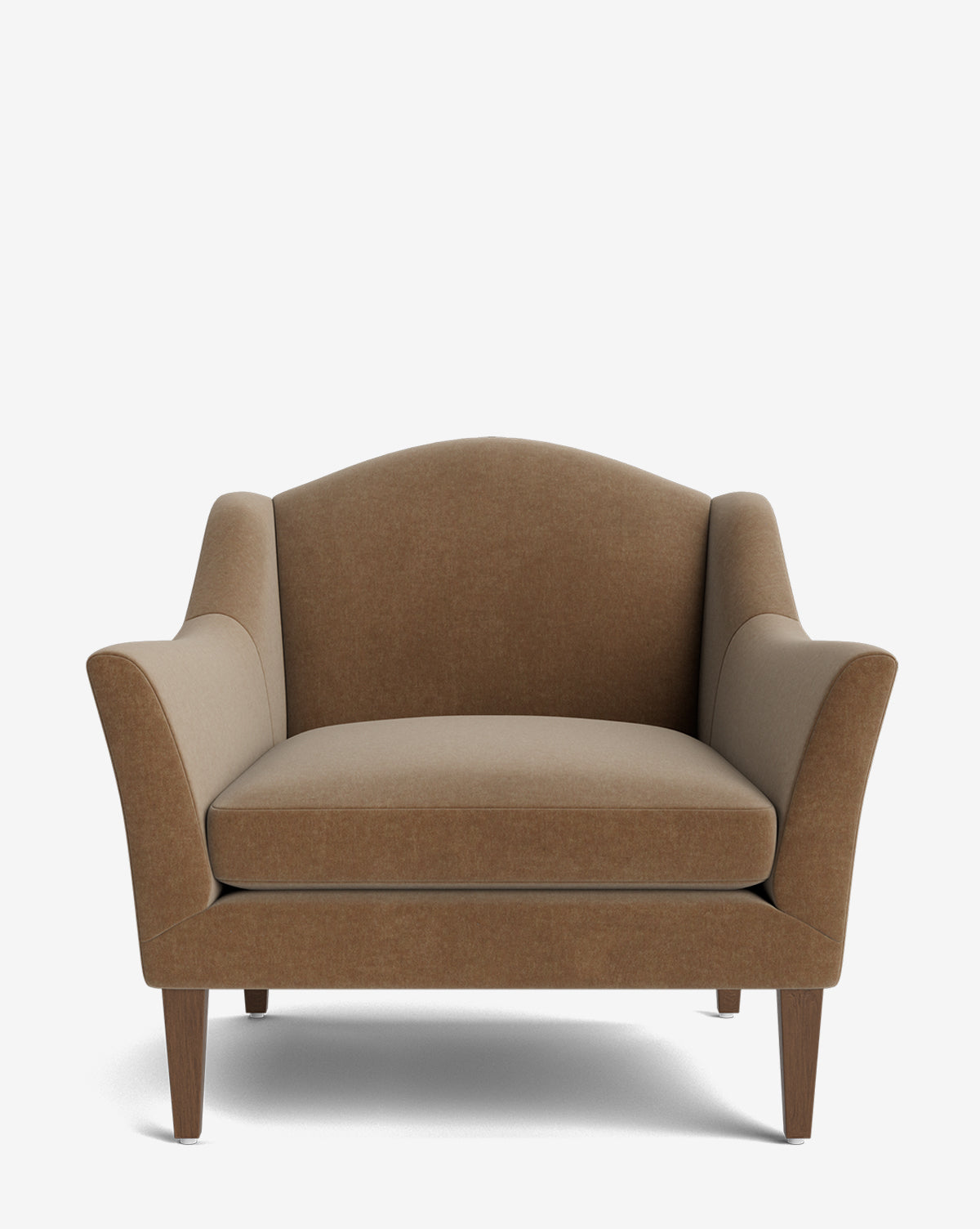 The Prudence Lounge Chair is a wide, modern armchair with brown upholstery, angled armrests, and wooden legs shown against a white background. Its classic silhouette and quality fabric create an inviting look for any space by McGee & Co.