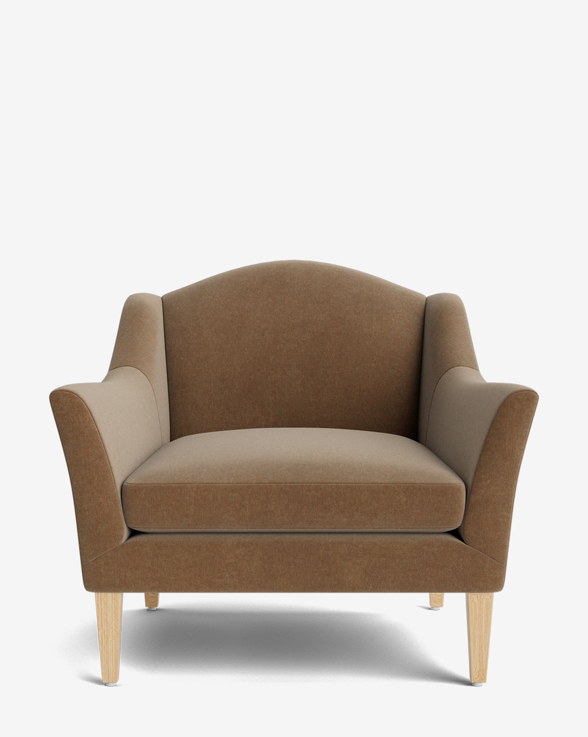 The Prudence Lounge Chair has a classic silhouette with flared arms, soft brown high-quality upholstery, and light wooden legs, shown on a plain white background by McGee & Co.