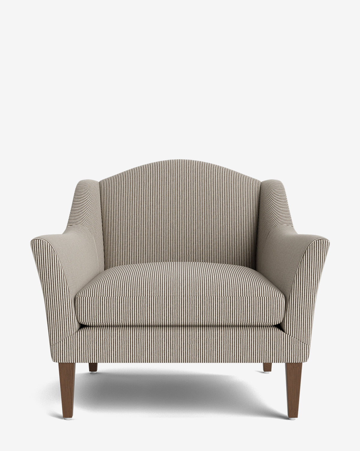 The Prudence Lounge Chair features a classic silhouette with striped upholstery, curved armrests, a rounded backrest, and wooden legs. Expertly crafted from high-quality fabrics, it is displayed against a plain white background by McGee & Co.