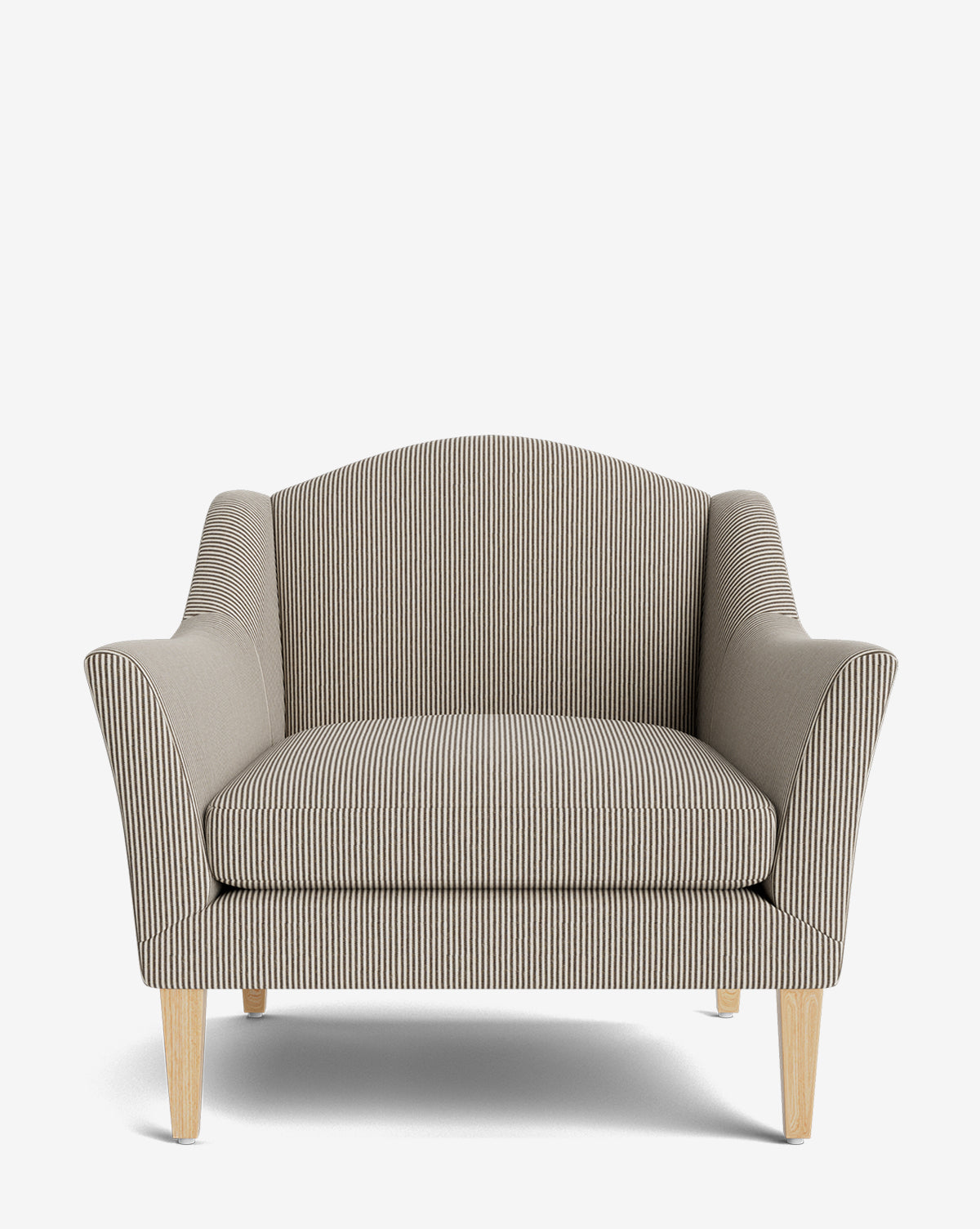 The Prudence Lounge Chair features a classic silhouette, light wood legs, and gray upholstery with thin vertical black and white stripes, inspired by the renowned Prudence Chair design. Shown against a plain white background by McGee & Co.