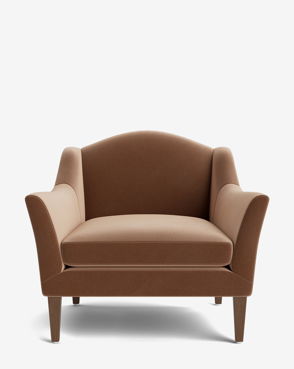 The Prudence Lounge Chair features a classic silhouette, brown high-quality fabric, flared arms, curved backrest, and wooden legs, shown against a plain white background by McGee & Co.