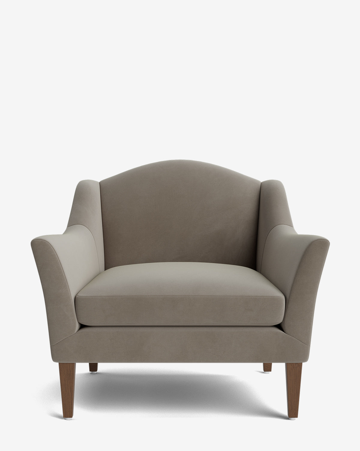 The Prudence Lounge Chair showcases a classic silhouette with flared armrests, light brown high-quality fabric, cushioned seat, and tapered wooden legs—all viewed from the front against a white background, by McGee & Co.