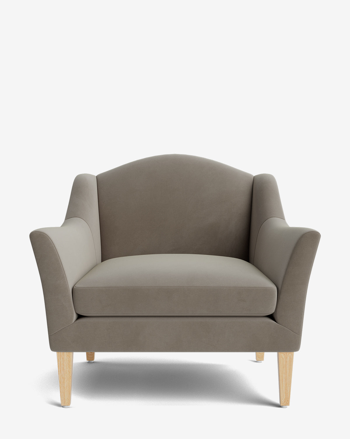 The Prudence Lounge Chair is a modern taupe armchair with wide, flared arms, a curved backrest, and light wooden legs. Its classic silhouette and high-quality fabric stand out against a plain white background, by McGee & Co.