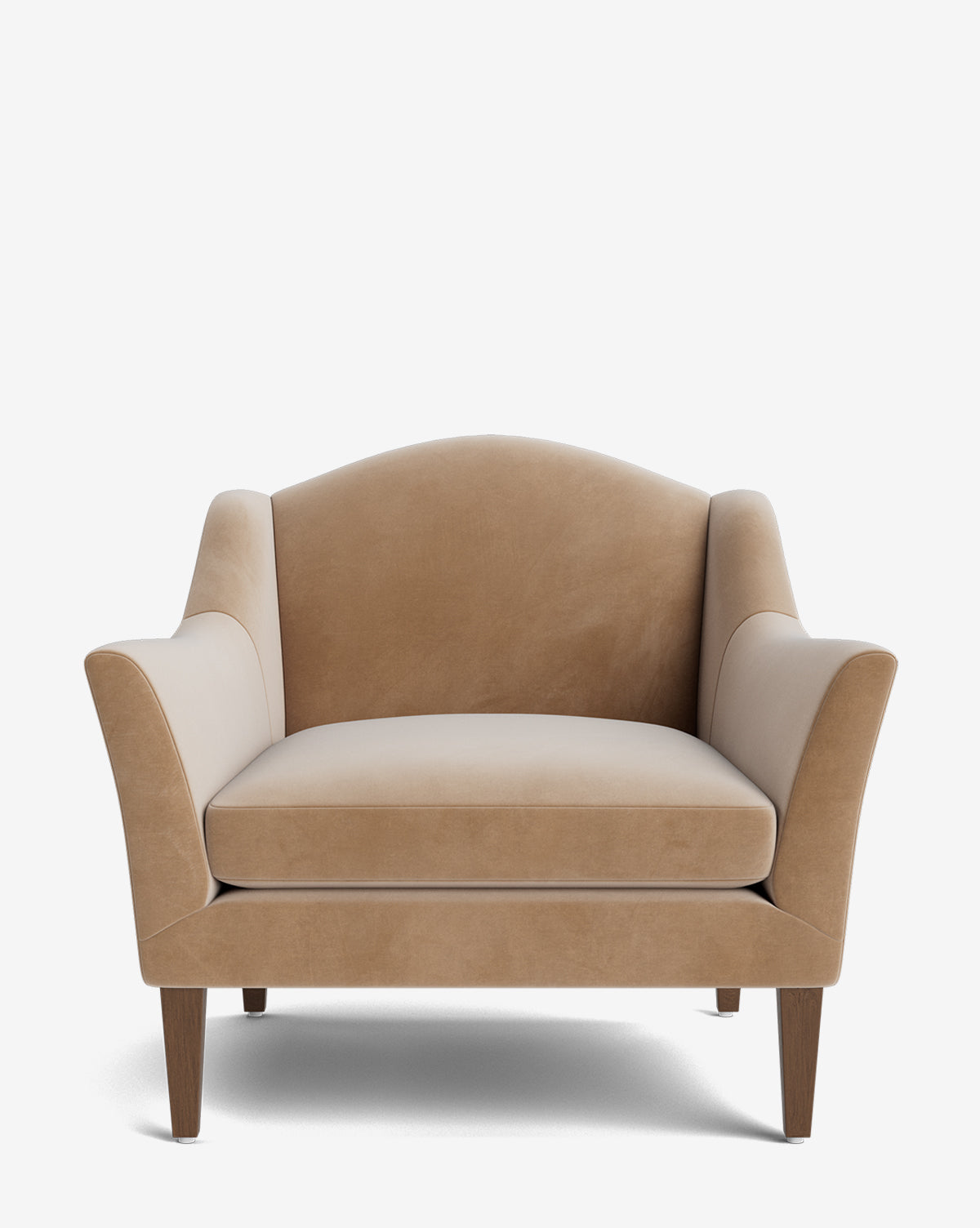 The Prudence Lounge Chair showcases a classic silhouette with tan upholstery, wide seat, curved backrest, flared armrests, and wooden legs, all set against a plain white background by Vendixs