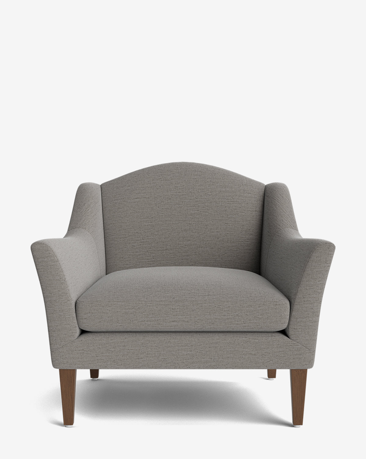 The Prudence Lounge Chair is a modern, light gray upholstered chair with wide flared arms, a curved backrest, and four wooden legs, crafted from high-quality fabrics and shown on a plain white background by Vendixs
