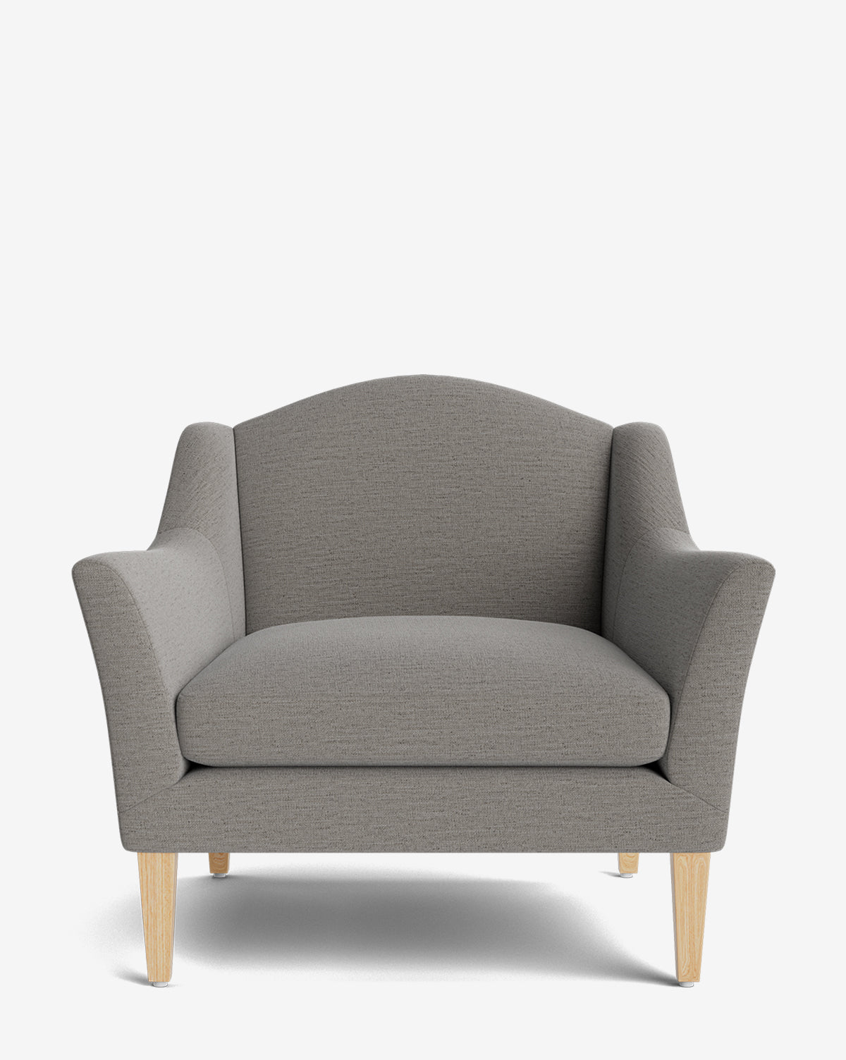 The Prudence Lounge Chair boasts a classic silhouette with modern gray upholstery in premium fabric. Angled wooden legs and curved armrests lend timeless elegance, all showcased against a plain white background by McGee & Co.