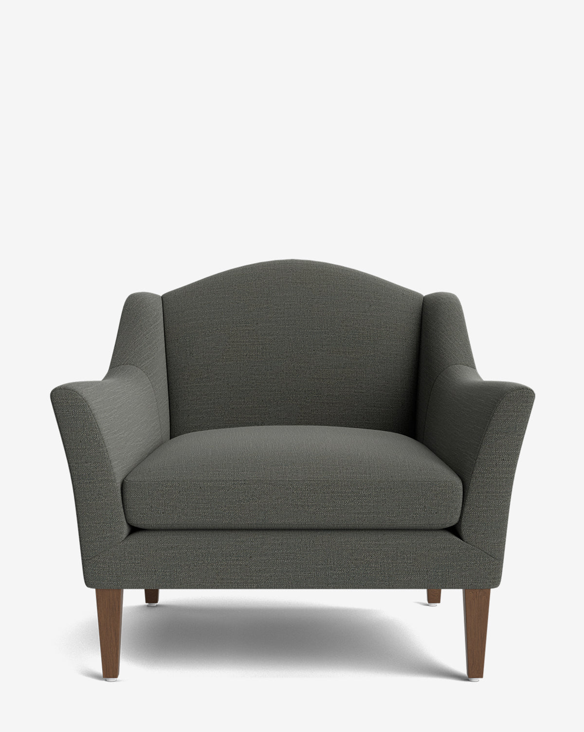 The Prudence Lounge Chair is a modern, dark gray upholstered armchair featuring wide flared arms, a curved backrest, and wooden legs. Its classic silhouette and premium fabrics stand out against the plain white background, by Vendixs