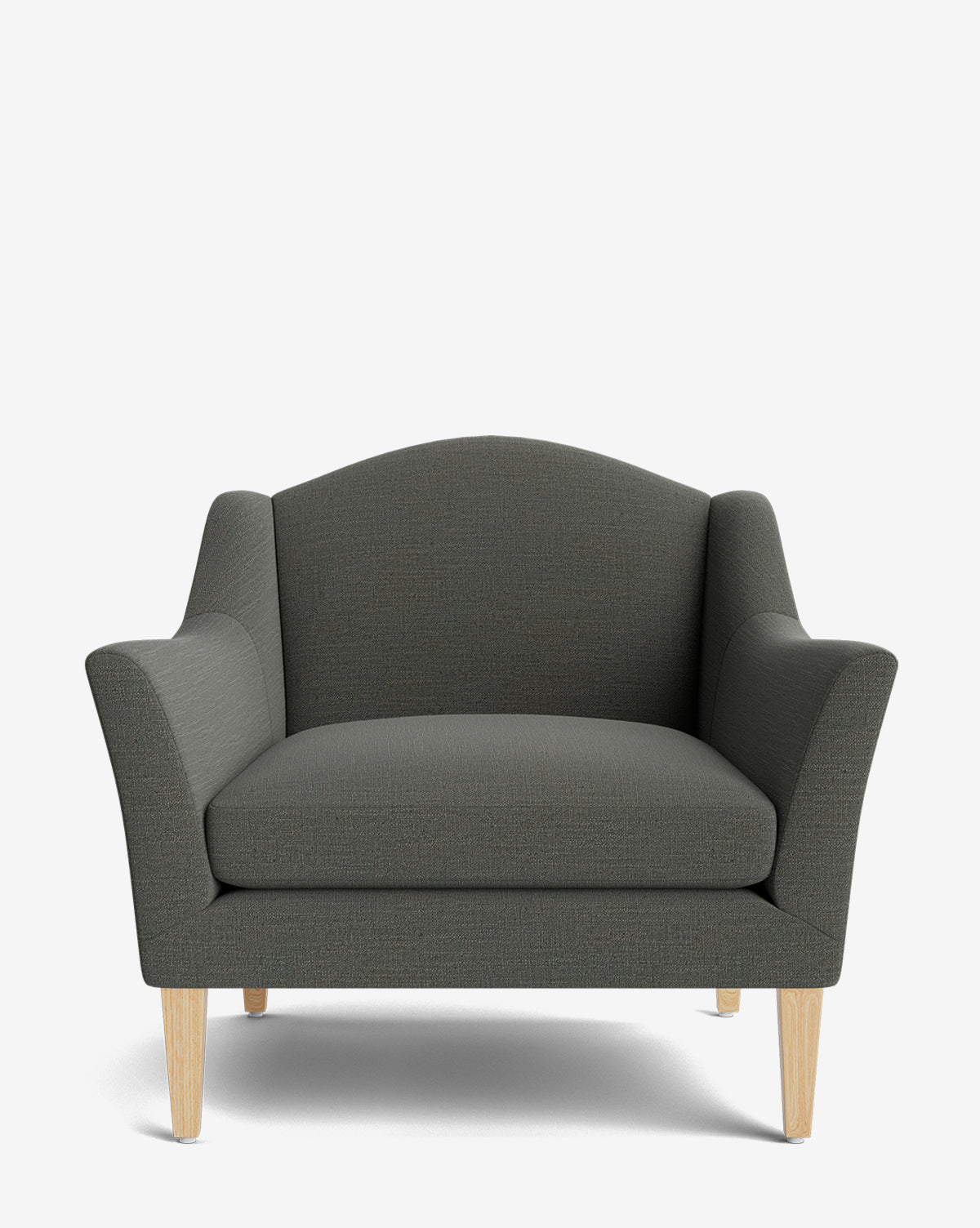 The Prudence Lounge Chair showcases a classic silhouette with premium fabrics, a dark gray curved upholstered backrest, wide cushioned seat, flared arms, and light wood legs, all set against a plain white backdrop by McGee & Co.