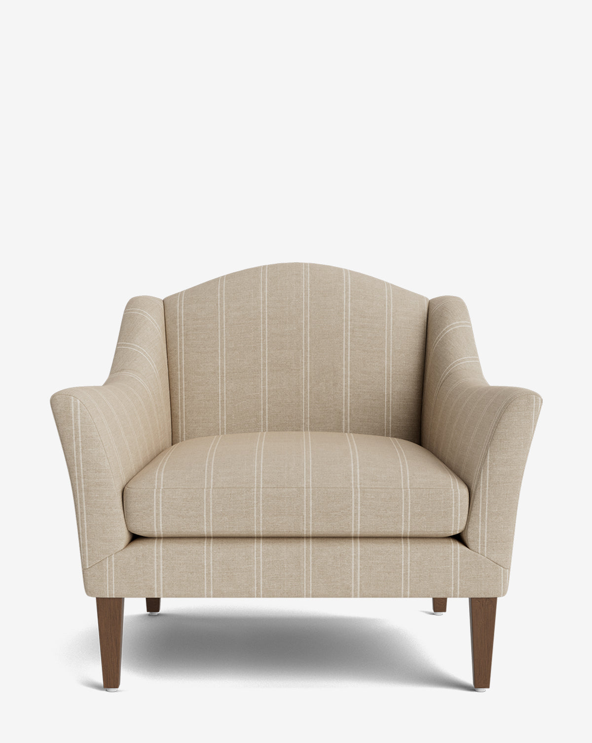 The Prudence Lounge Chair showcases a classic beige silhouette with white stripes, flared arms, curved backrest, and wooden legs, crafted from premium fabrics and displayed front-facing on a plain white background by McGee & Co.