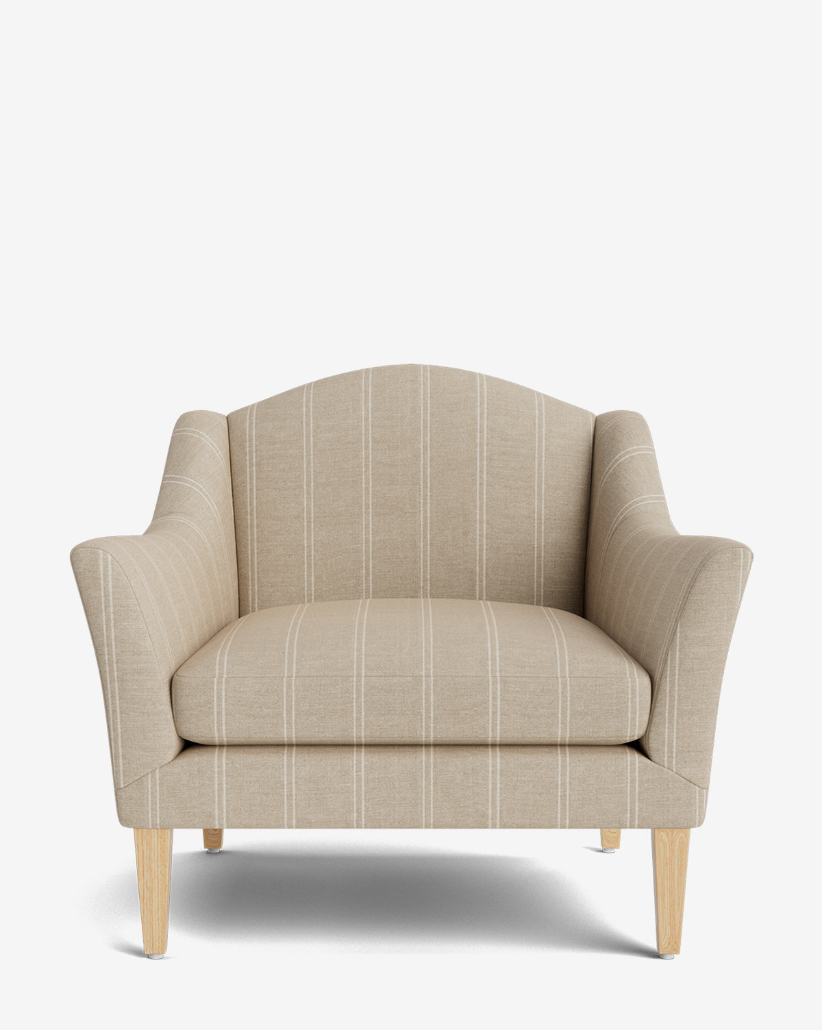 The Prudence Lounge Chair showcases a classic beige silhouette with subtle vertical white stripes, crafted from premium fabrics and light wood legs, displayed front-facing on a plain white background by McGee & Co.