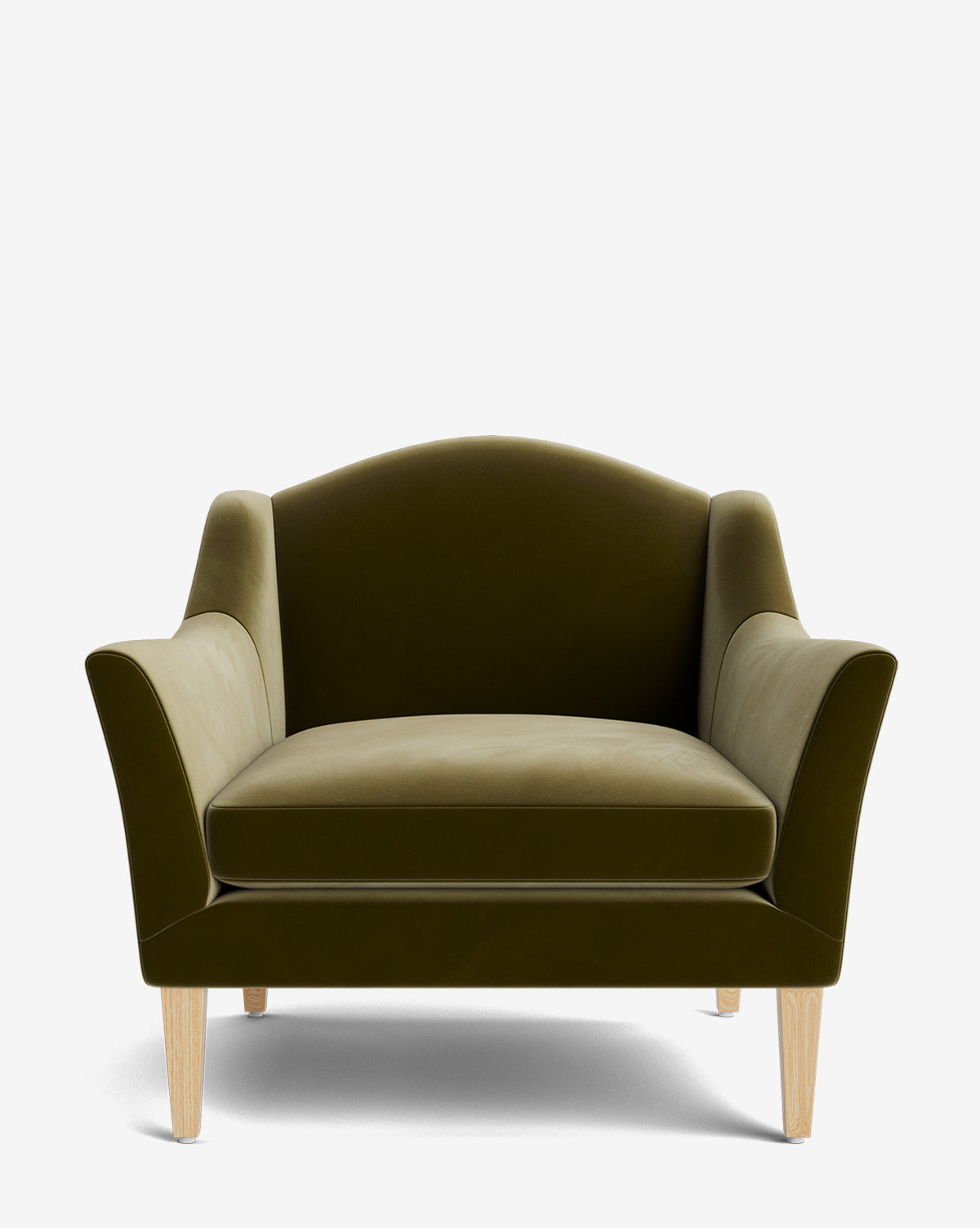 The Prudence Lounge Chair is a spacious, olive green velvet armchair with flared arms, a curved backrest, and light wood legs, crafted from quality materials and featuring a classic silhouette on a plain white background by McGee & Co.