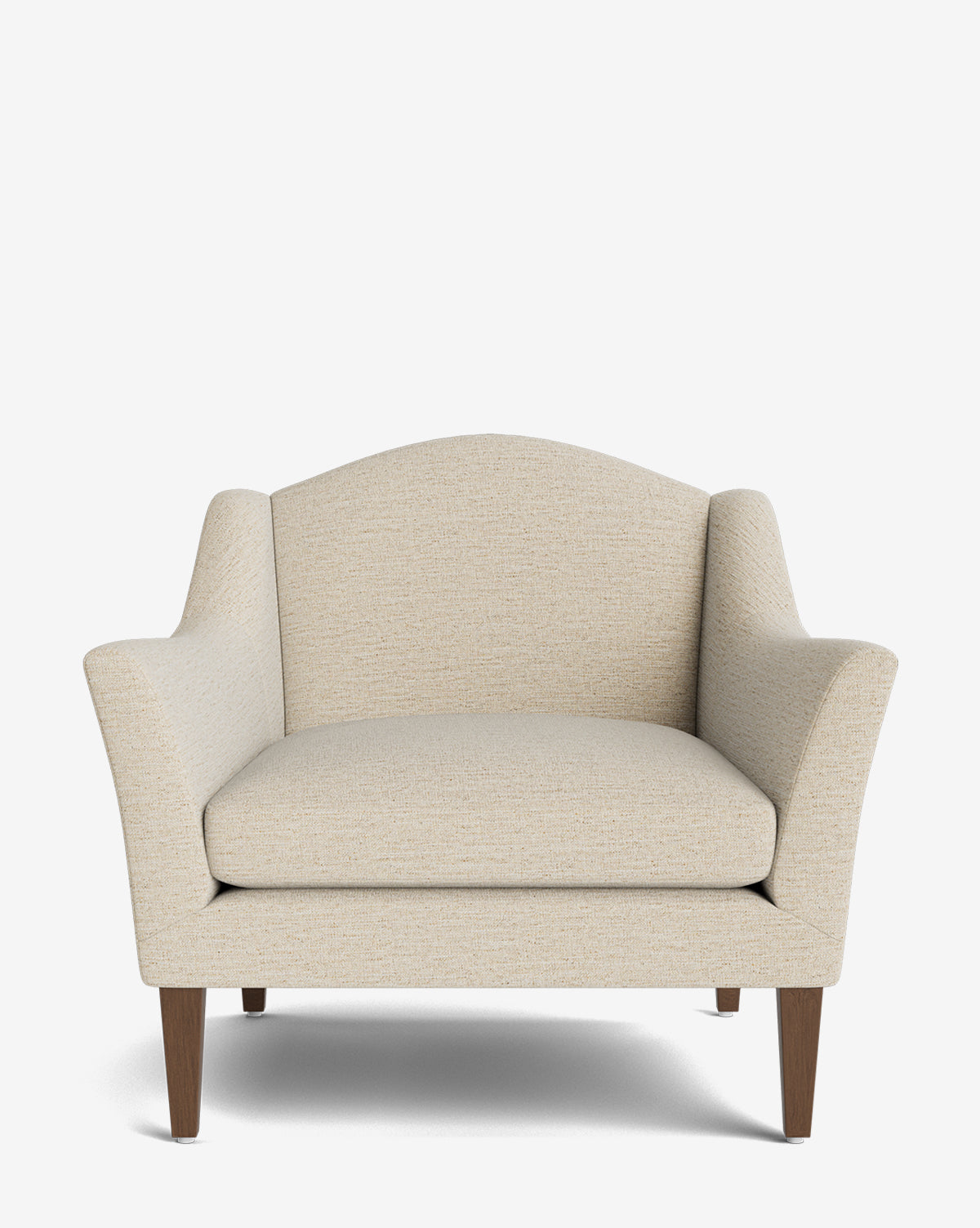 The Prudence Lounge Chair features a wide, light beige upholstered seat, flared armrests, curved backrest, and four wooden legs. Its classic silhouette and quality fabric add elegance to any space, by McGee & Co.